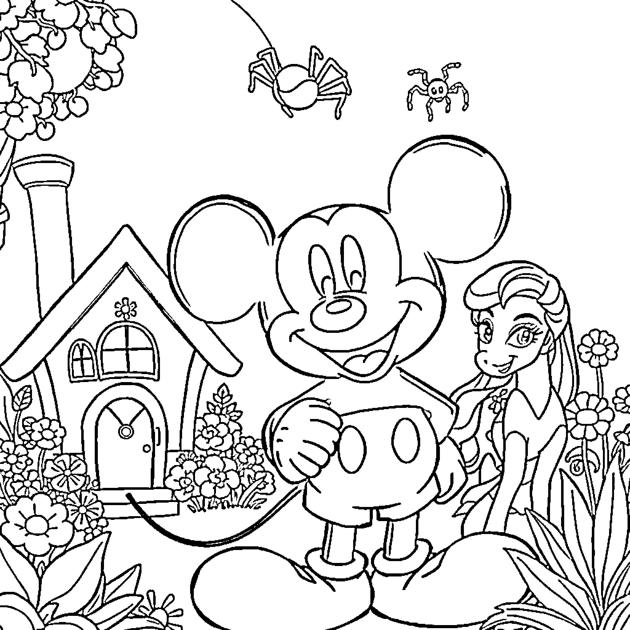 Mickey Mouse and Friends in a Whimsical Garden Coloring Page (free black-and-white line drawing printable PDF for all, from beginners to advanced learners, including children, teens, adults, and seniors)