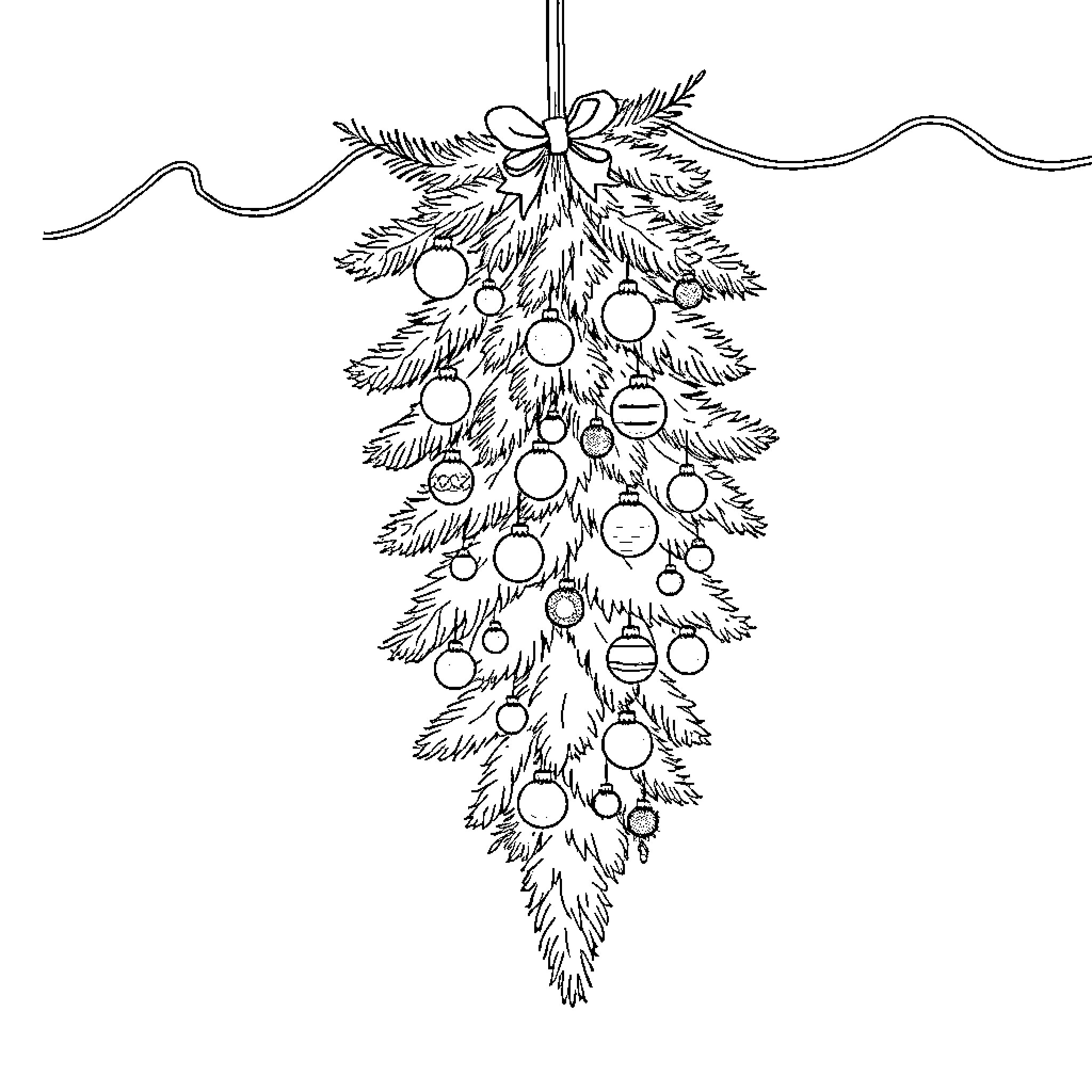 Christmas Tree Adorned with Hanging Ornaments Coloring Page (free black-and-white line drawing printable PDF for all, from beginners to advanced learners, including children, teens, adults, and seniors)