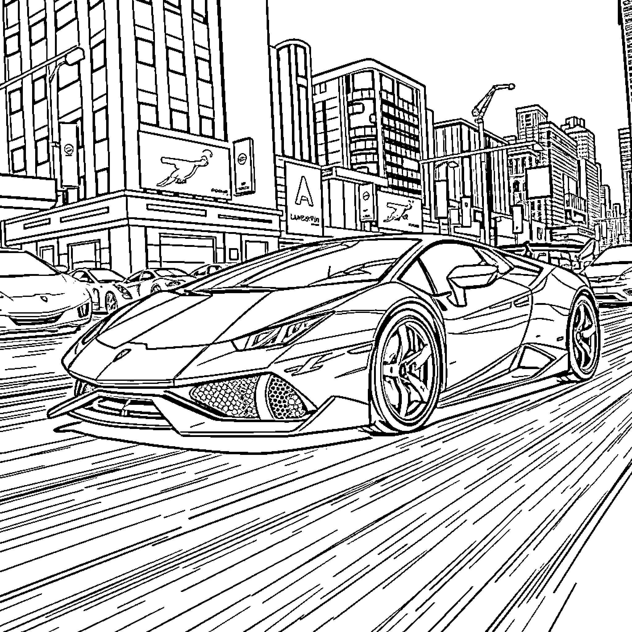 Lamborghini speeding through the city streets Coloring Page (free black-and-white line drawing printable PDF for all, from beginners to advanced learners, including children, teens, adults, and seniors)