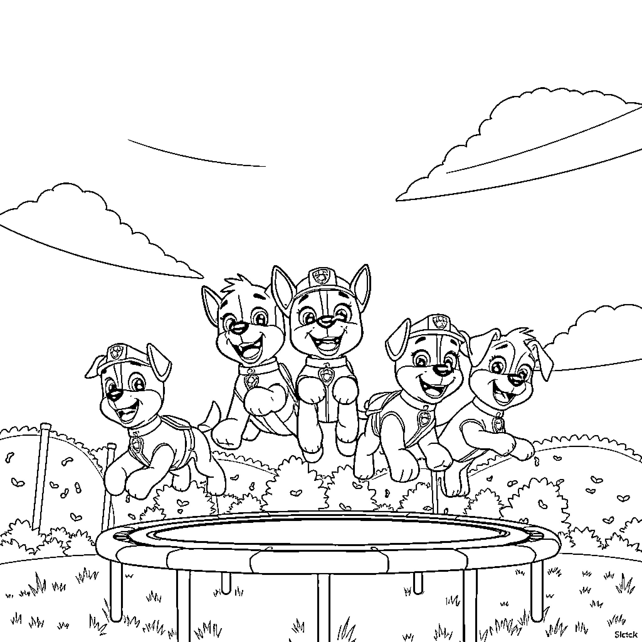 Paw Patrol characters playing on a trampoline Coloring Page (free black-and-white line drawing printable PDF for all, from beginners to advanced learners, including children, teens, adults, and seniors)