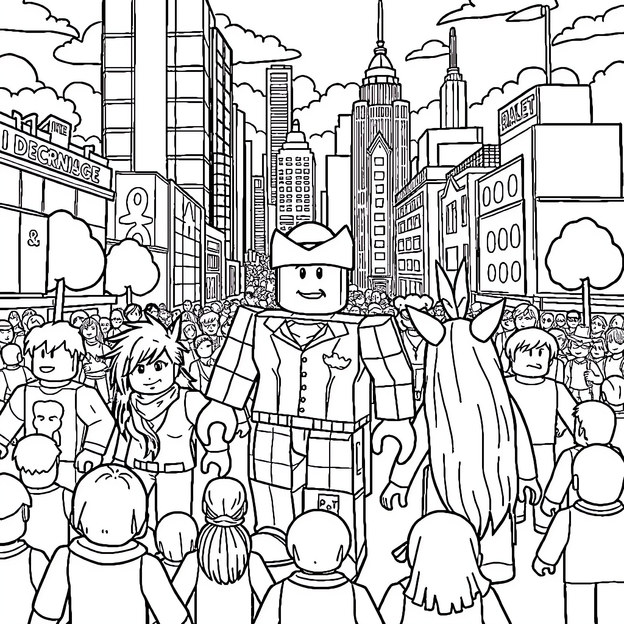 Roblox characters in a bustling city scene Coloring Page (free black-and-white line drawing printable PDF for all, from beginners to advanced learners, including children, teens, adults, and seniors)