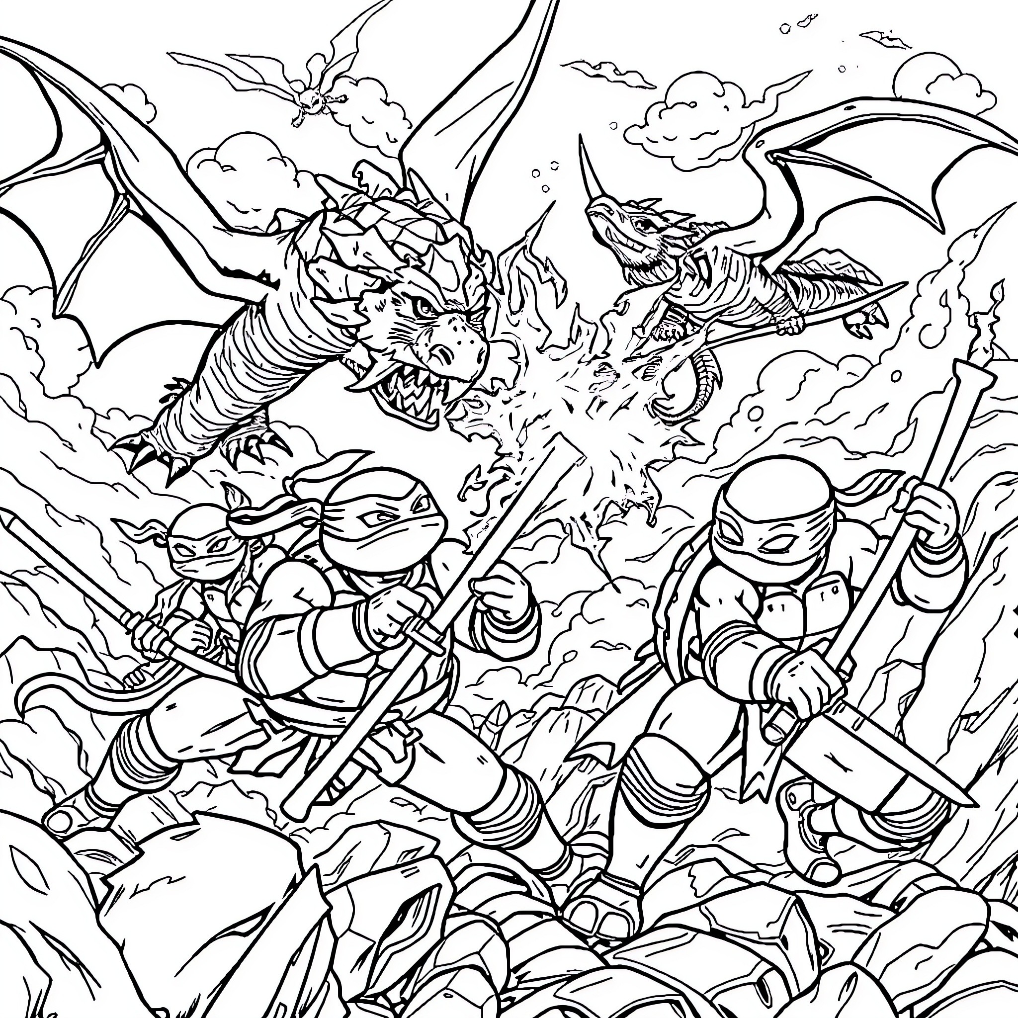 Ninja Turtle Warriors Battling Fierce Dragon Coloring Page (free black-and-white line drawing printable PDF for all, from beginners to advanced learners, including children, teens, adults, and seniors)