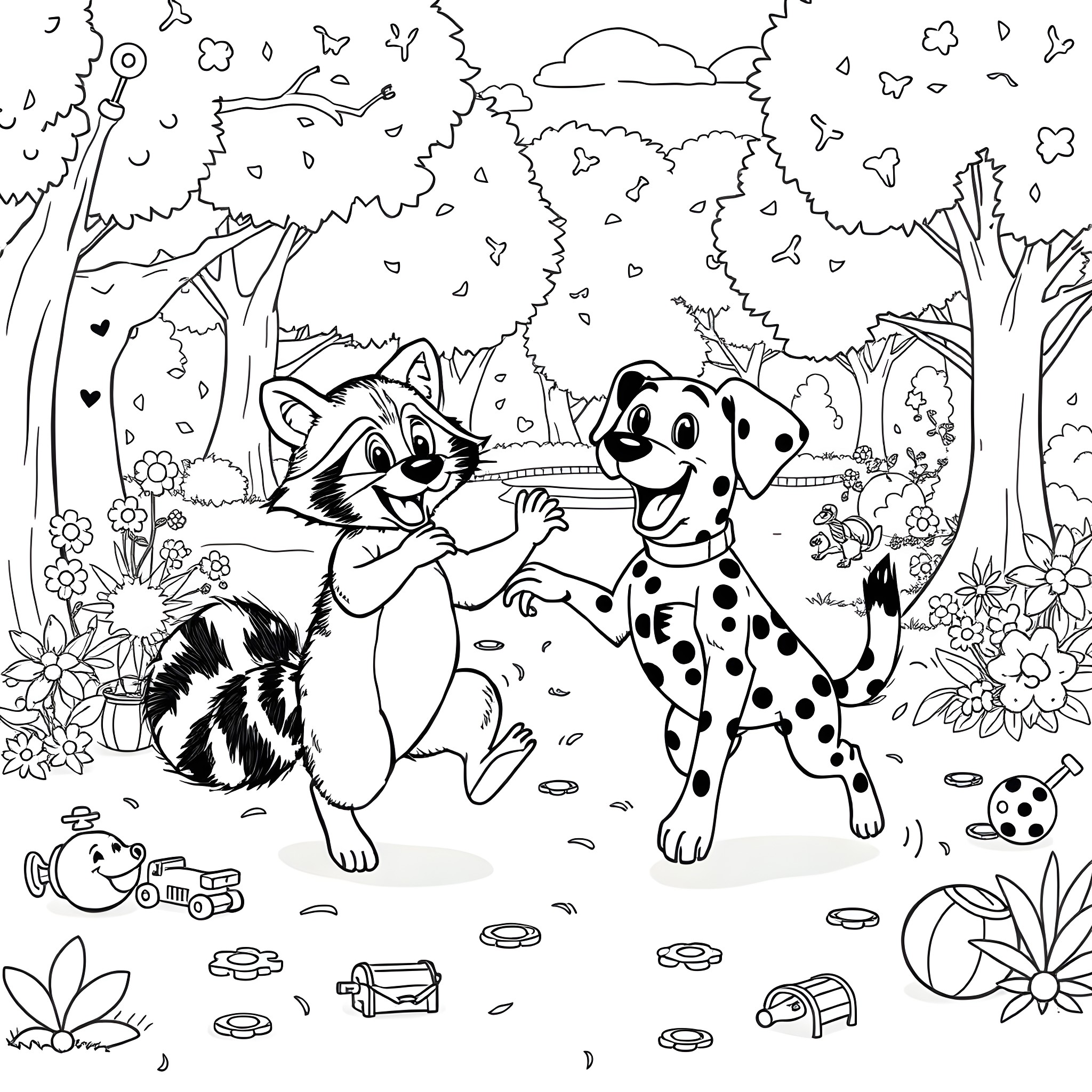 Rocky's Playful Adventure in the Enchanting Forest Coloring Page (free black-and-white line drawing printable PDF for all, from beginners to advanced learners, including children, teens, adults, and seniors)