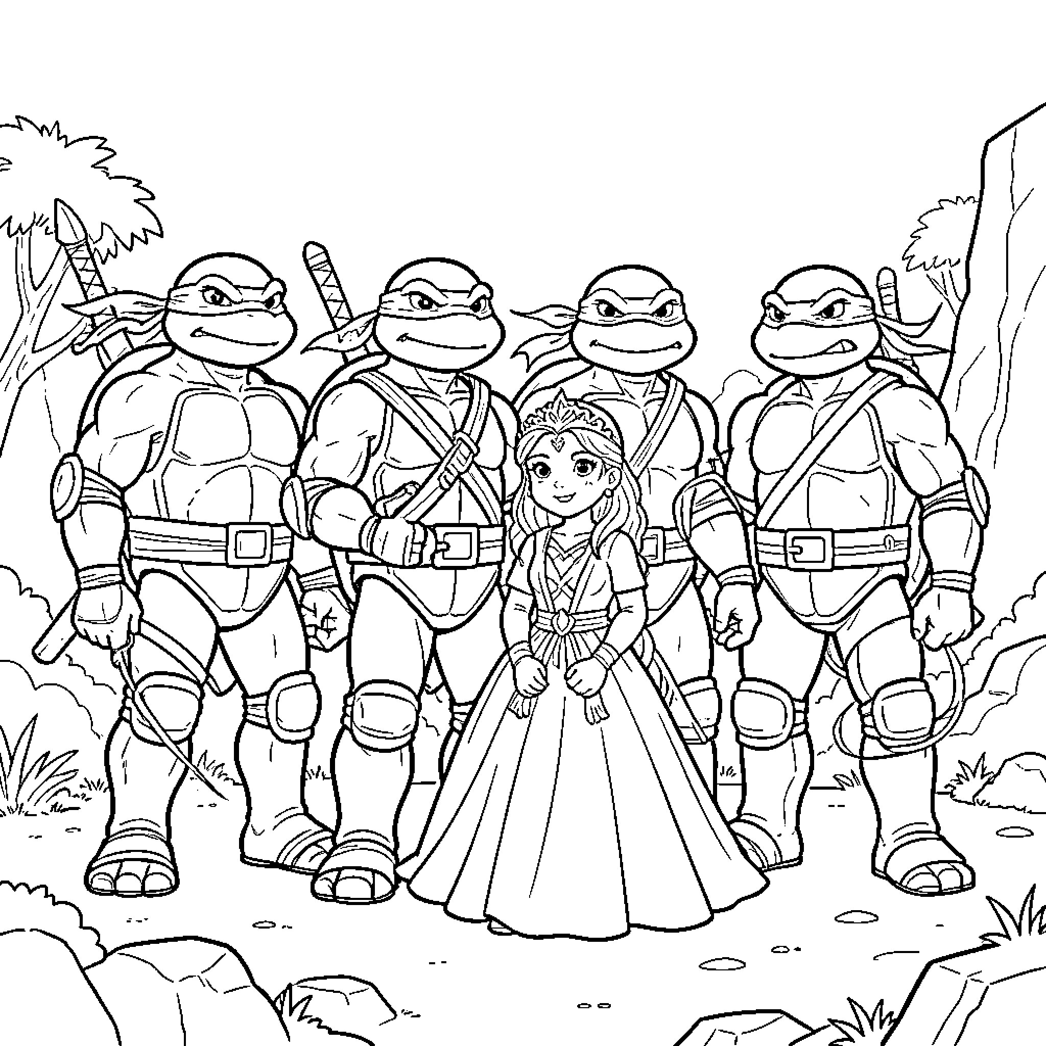 Ninja Turtles protecting a princess in the forest Coloring Page (free black-and-white line drawing printable PDF for all, from beginners to advanced learners, including children, teens, adults, and seniors)