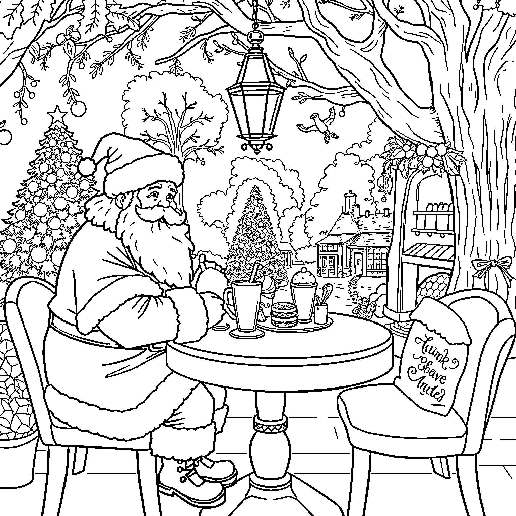 Santa relaxing with warm drink in cozy winter forest Coloring Page (free black-and-white line drawing printable PDF for all, from beginners to advanced learners, including children, teens, adults, and seniors)