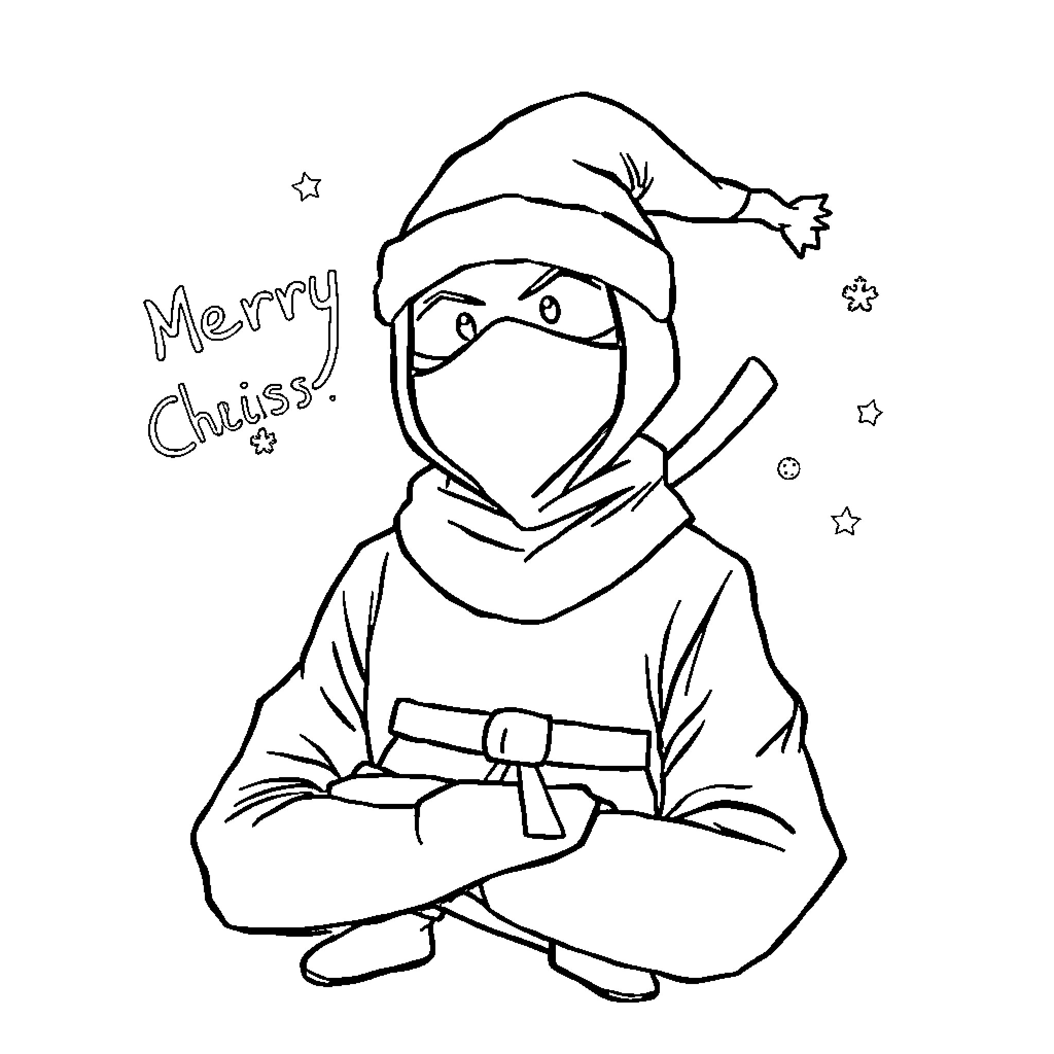 Ninja Wishing Merry Christmas Coloring Page (free black-and-white line drawing printable PDF for all, from beginners to advanced learners, including children, teens, adults, and seniors)