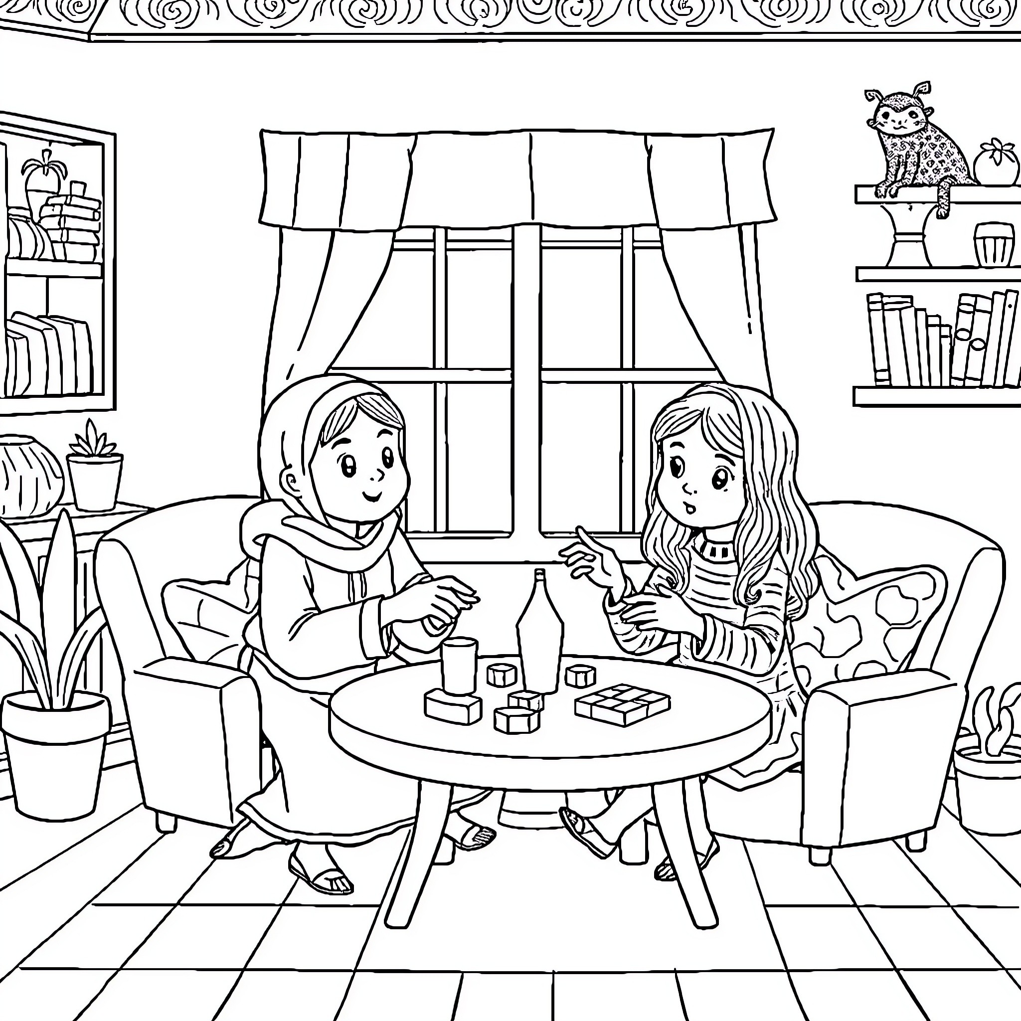 Rumi's Cozy Conversation Coloring Page (free black-and-white line drawing printable PDF for all, from beginners to advanced learners, including children, teens, adults, and seniors)