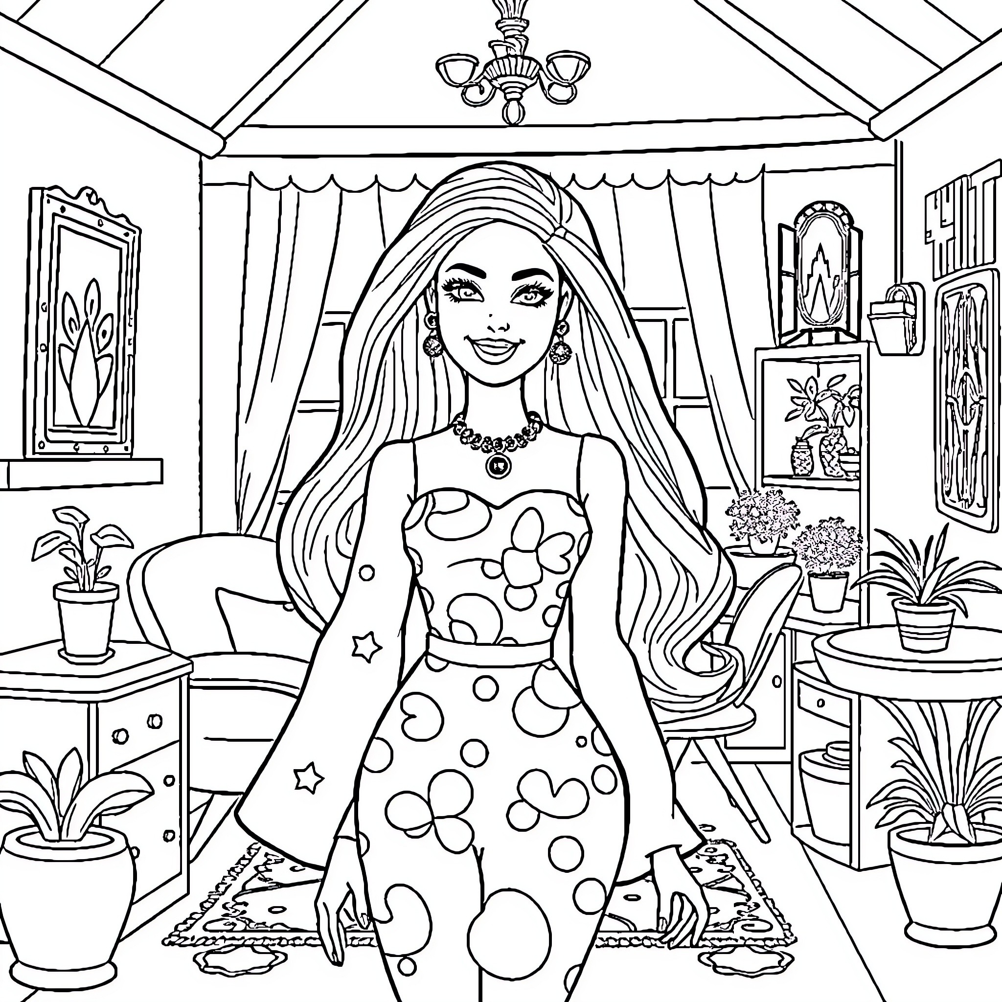 Barbie Enjoying a Vibrant Room Decor Coloring Page (free black-and-white line drawing printable PDF for all, from beginners to advanced learners, including children, teens, adults, and seniors)
