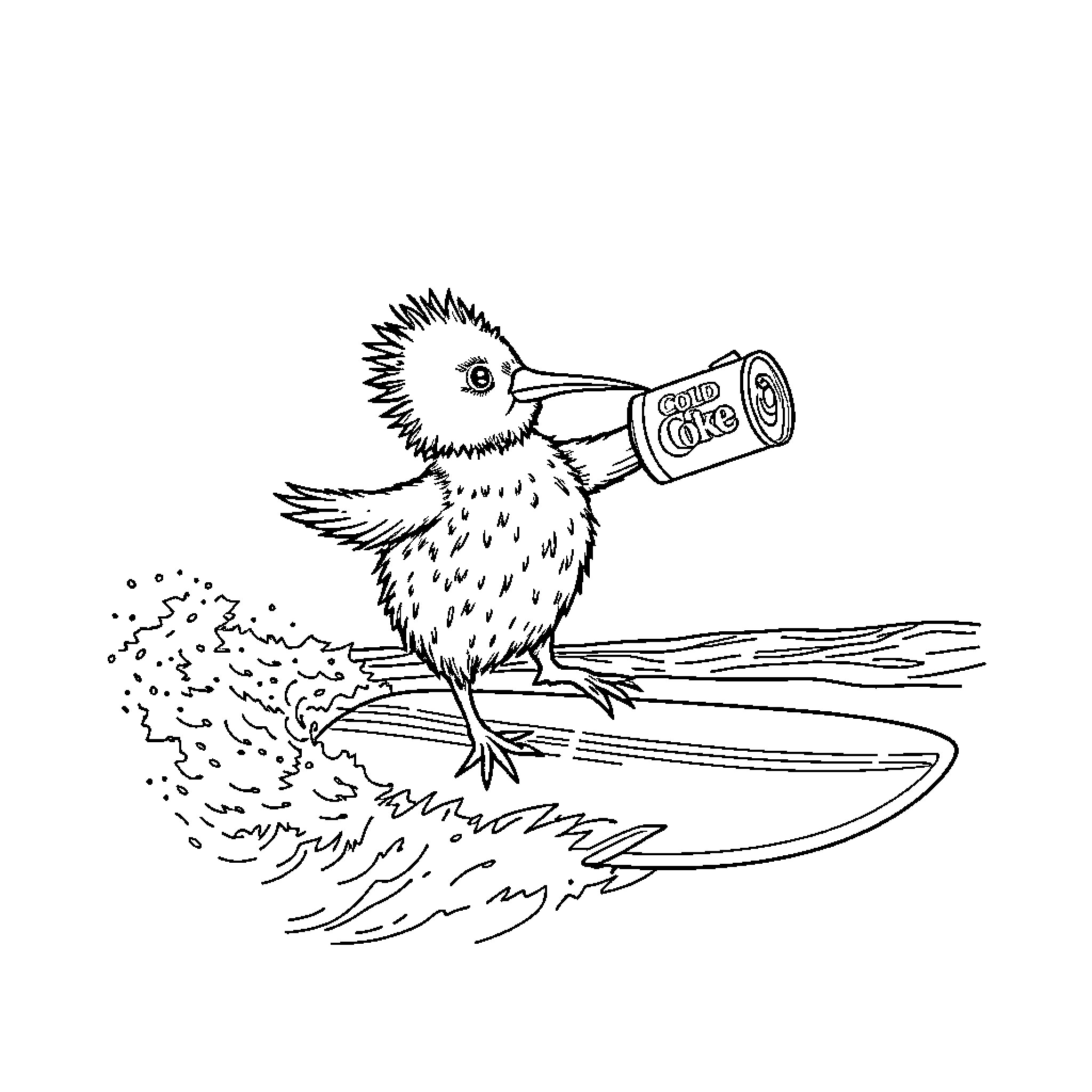 Kiwi bird drinking from a soda can Coloring Page (free black-and-white line drawing printable PDF for all, from beginners to advanced learners, including children, teens, adults, and seniors)