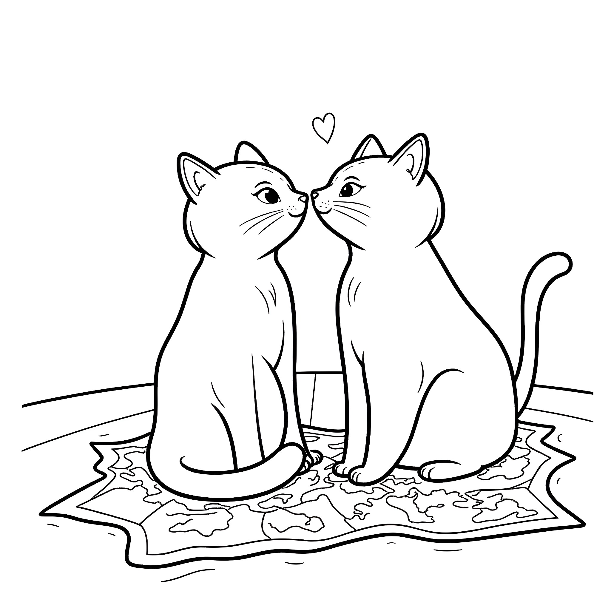 Cats sitting together on a patterned rug Coloring Page (free black-and-white line drawing printable PDF for all, from beginners to advanced learners, including children, teens, adults, and seniors)