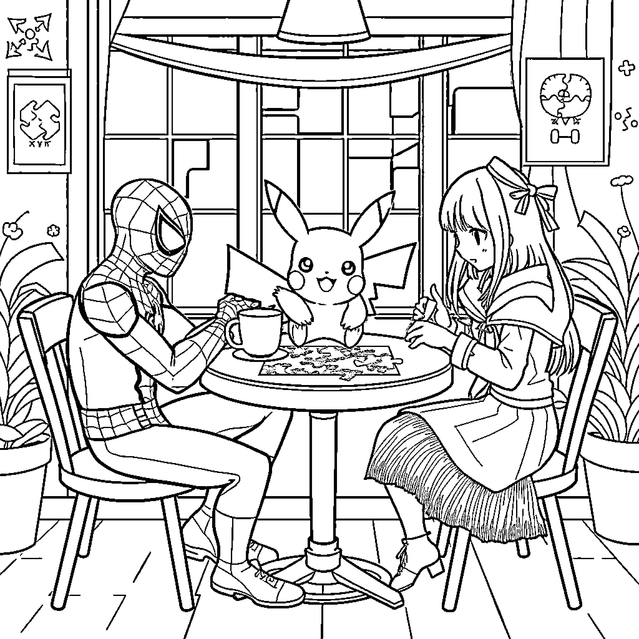 Spider-Man enjoying a cozy cafe with friends Coloring Page (free black-and-white line drawing printable PDF for all, from beginners to advanced learners, including children, teens, adults, and seniors)