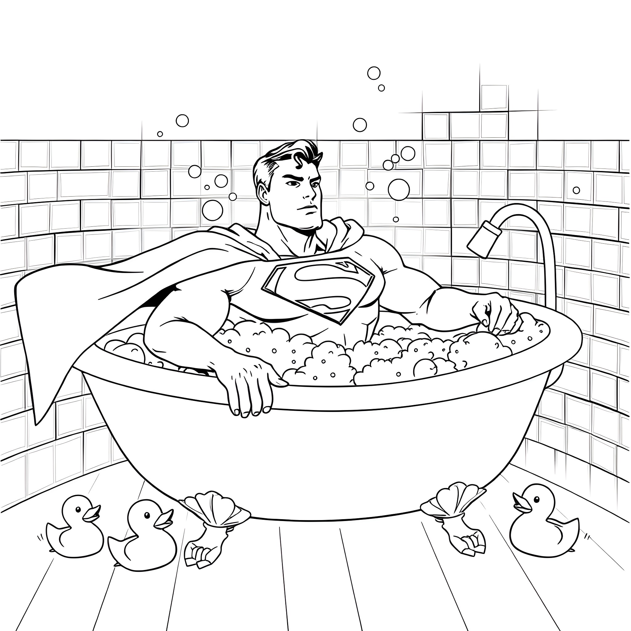Superman relaxing in a bubble bath Coloring Page (free black-and-white line drawing printable PDF for all, from beginners to advanced learners, including children, teens, adults, and seniors)