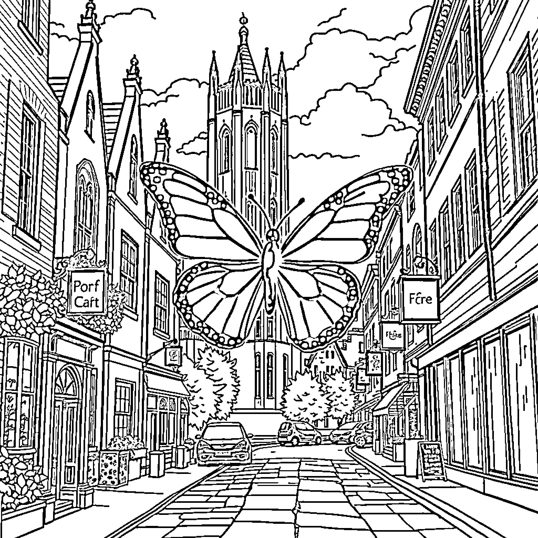 Butterfly architecture and cityscape Coloring Page (free black-and-white line drawing printable PDF for all, from beginners to advanced learners, including children, teens, adults, and seniors)