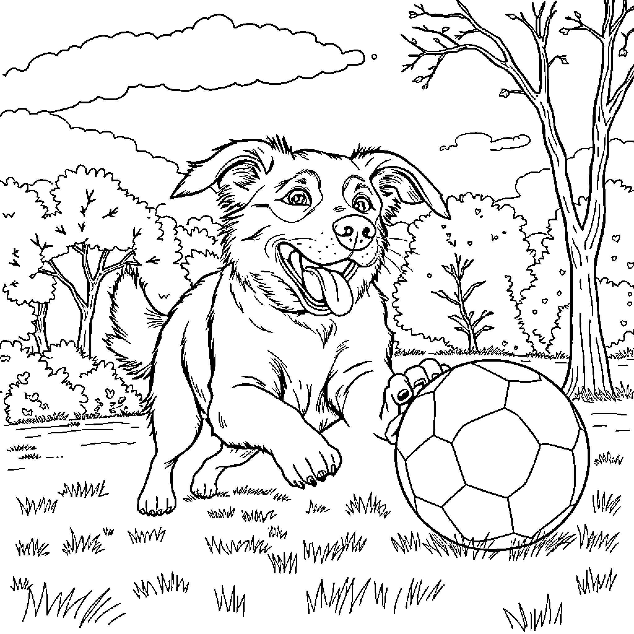 Dog playing happily with soccer ball in park Coloring Page (free black-and-white line drawing printable PDF for all, from beginners to advanced learners, including children, teens, adults, and seniors)
