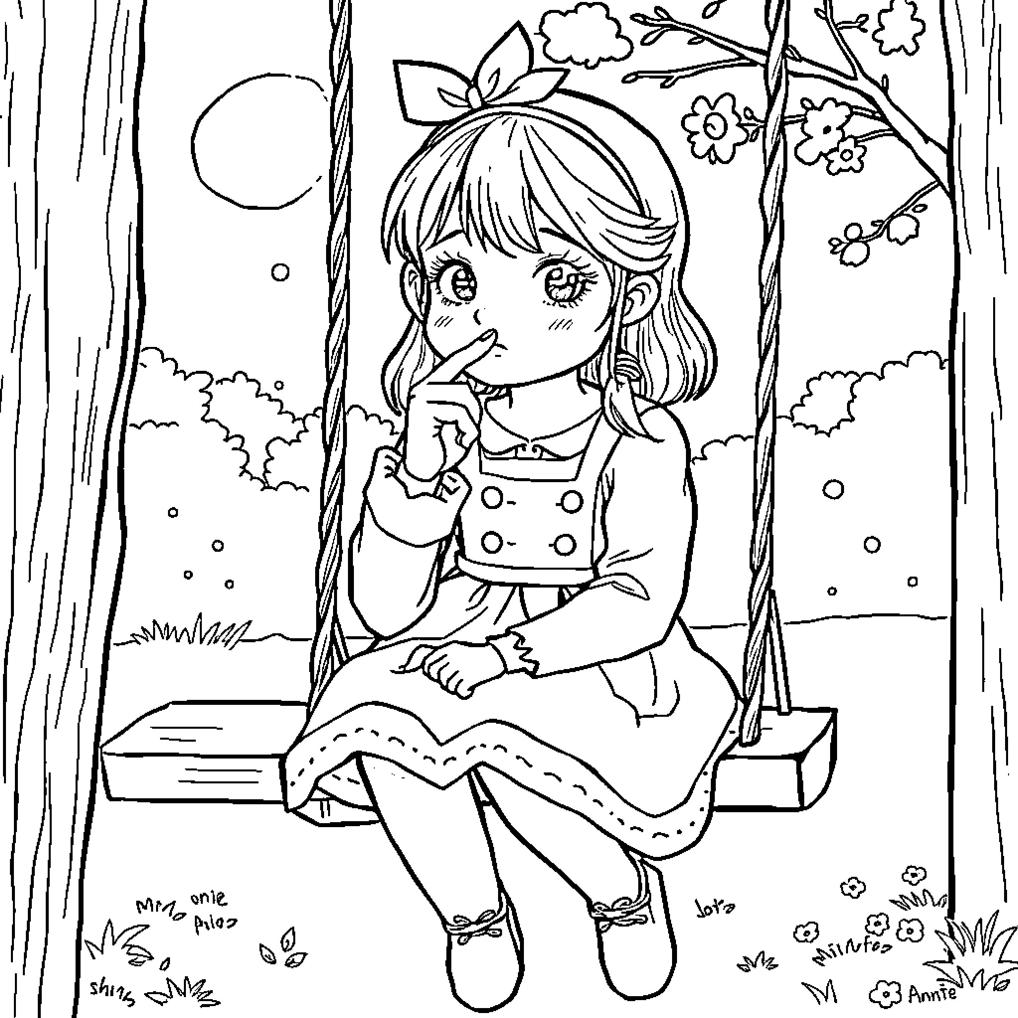 Girl sitting on a swing in a magical forest Coloring Page (free black-and-white line drawing printable PDF for all, from beginners to advanced learners, including children, teens, adults, and seniors)
