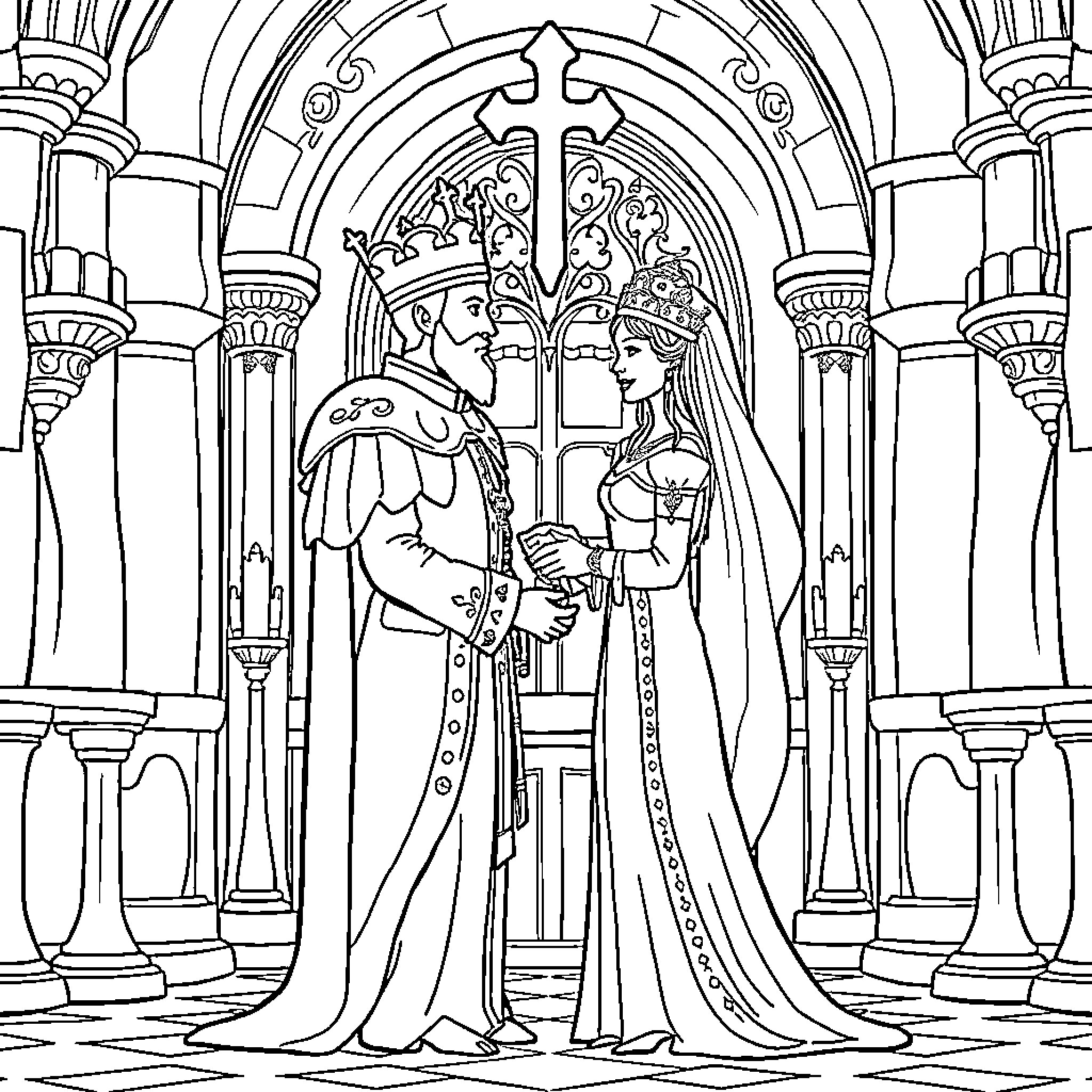 King and Queen in Royal Palace Interior Coloring Page (free black-and-white line drawing printable PDF for all, from beginners to advanced learners, including children, teens, adults, and seniors)