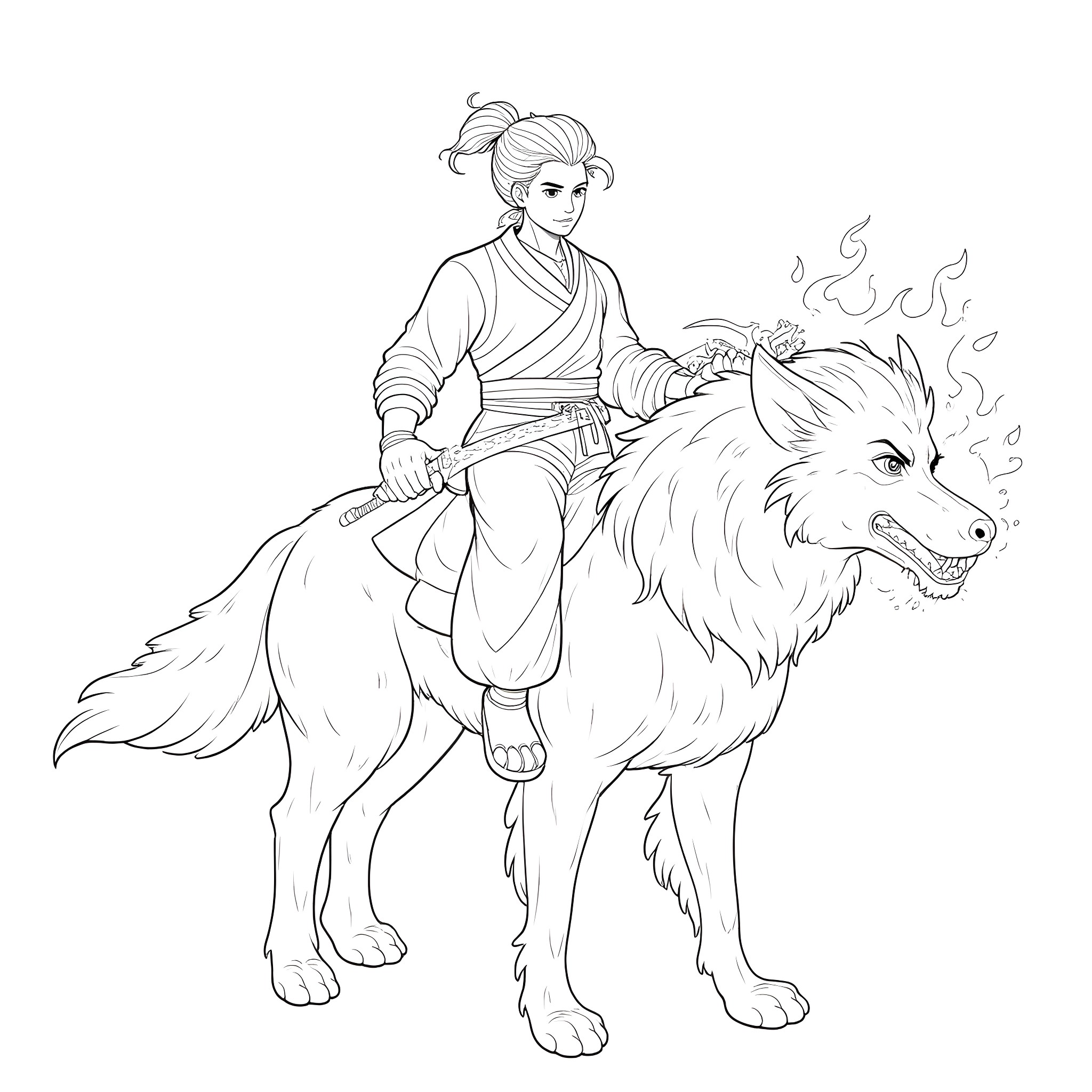 Sun Wukong riding a fierce wolf in battle Coloring Page (free black-and-white line drawing printable PDF for all, from beginners to advanced learners, including children, teens, adults, and seniors)