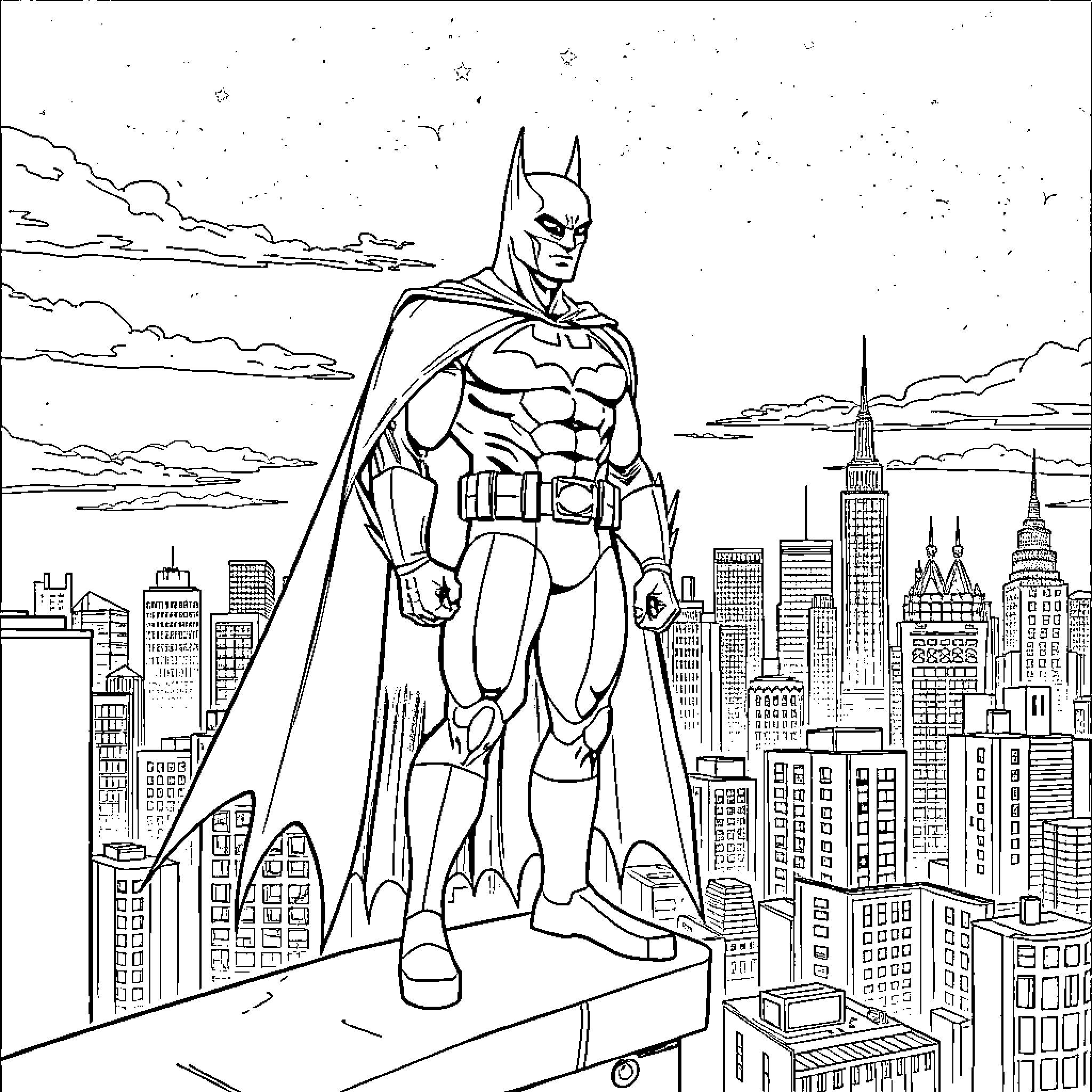 Batman standing heroically over the city Coloring Page (free black-and-white line drawing printable PDF for all, from beginners to advanced learners, including children, teens, adults, and seniors)