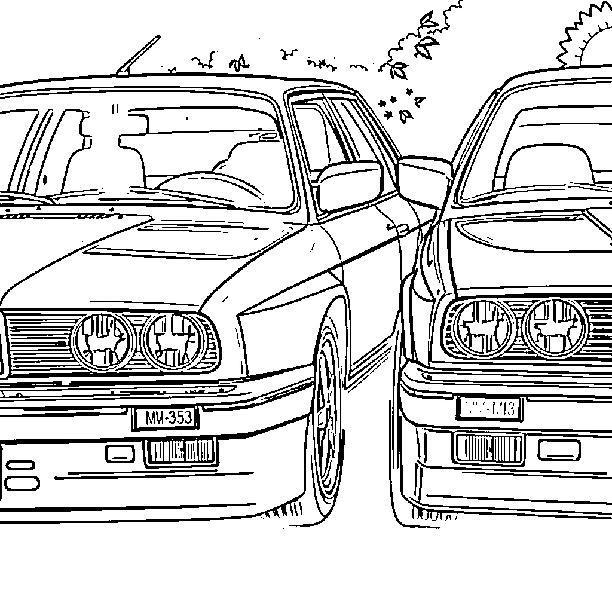 E30 M3 racing through the streets Coloring Page (free black-and-white line drawing printable PDF for all, from beginners to advanced learners, including children, teens, adults, and seniors)