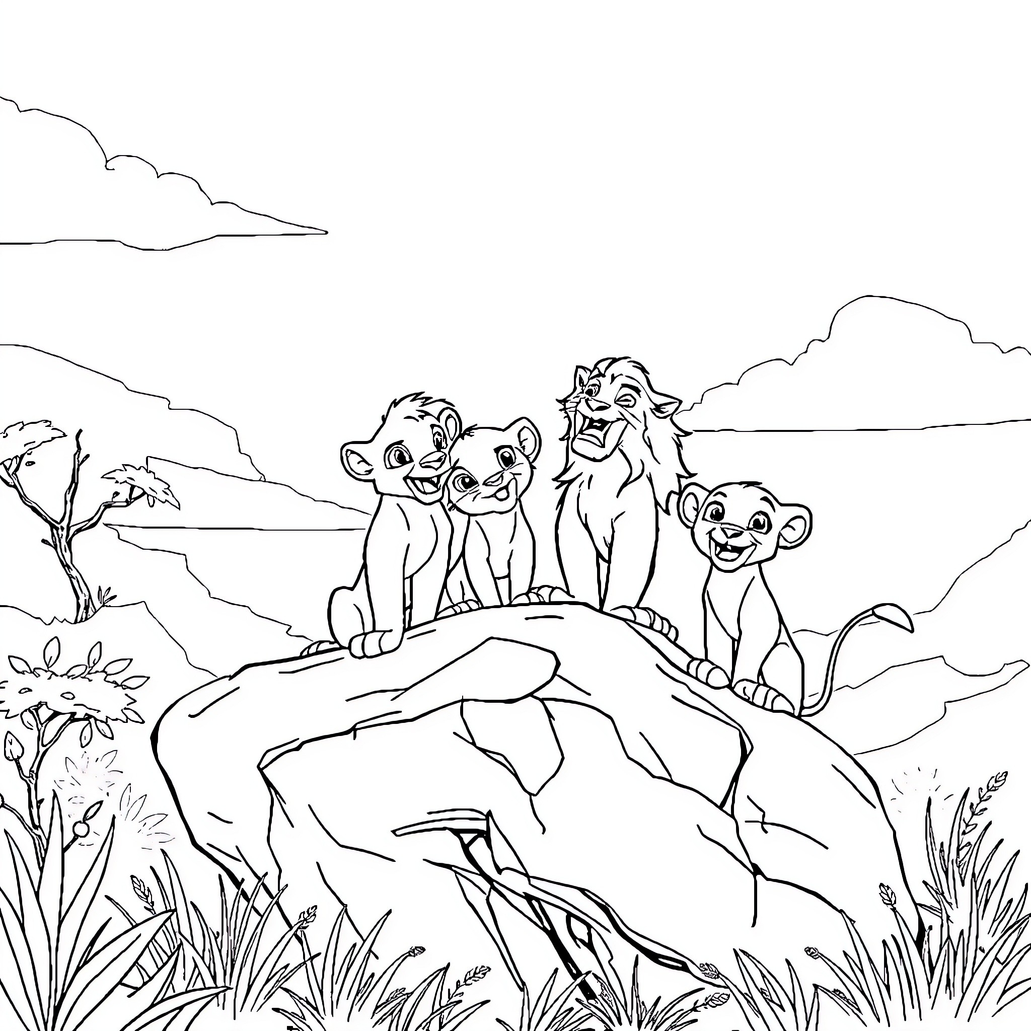 Lion Guard members gathering on a rocky outcrop Coloring Page (free black-and-white line drawing printable PDF for all, from beginners to advanced learners, including children, teens, adults, and seniors)