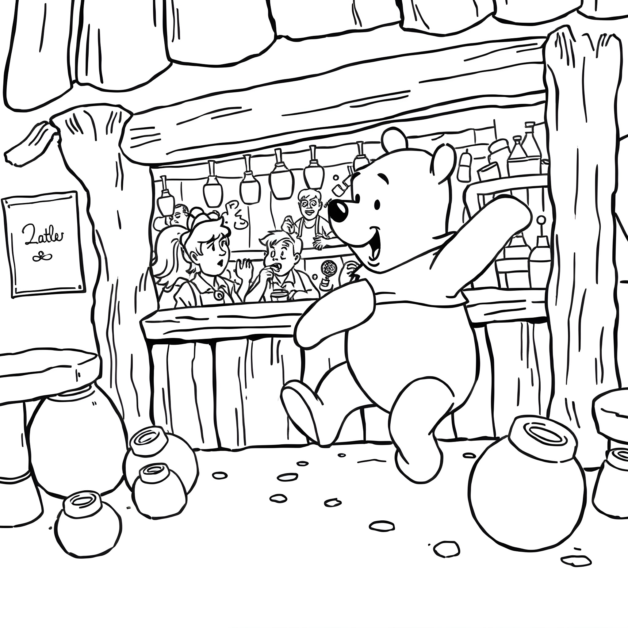 Winnie The Pooh enjoying a drink at the tavern Coloring Page (free black-and-white line drawing printable PDF for all, from beginners to advanced learners, including children, teens, adults, and seniors)