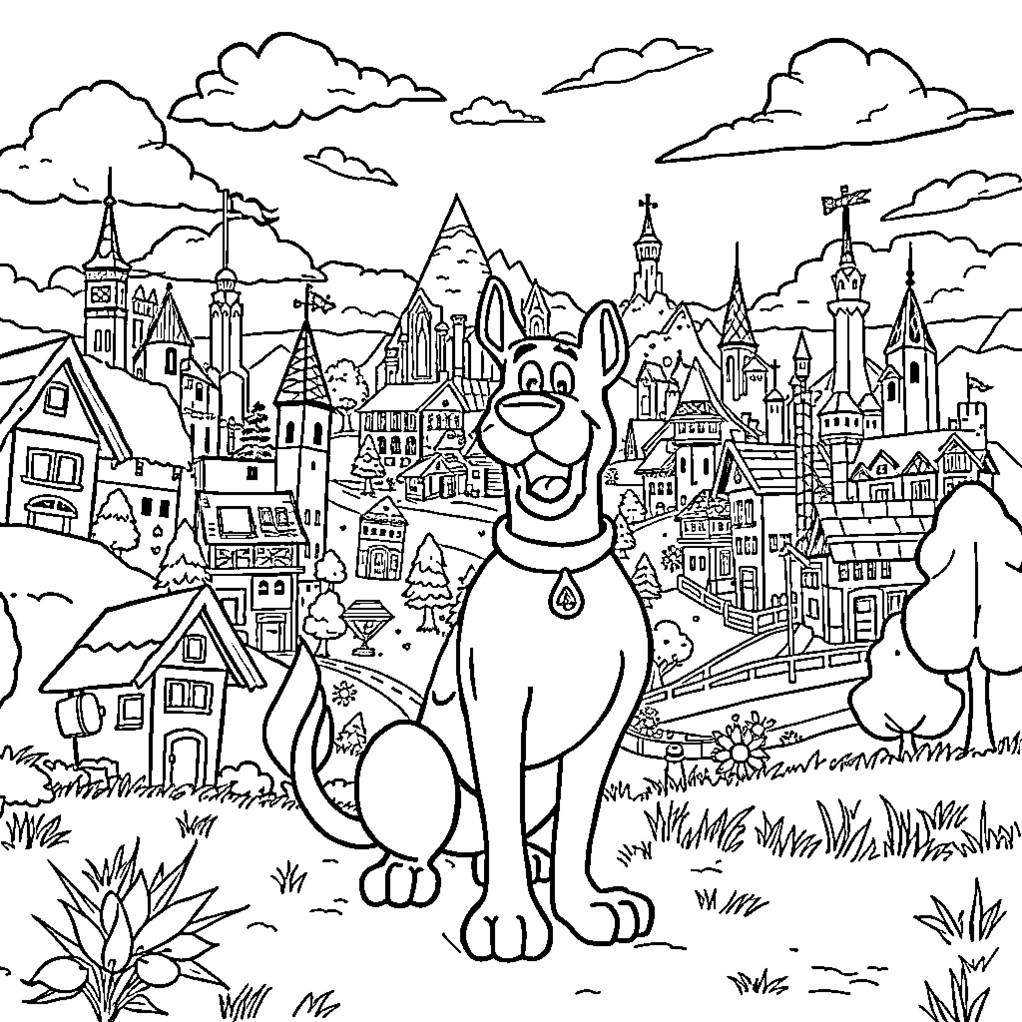 Scooby Doo Exploring a Whimsical Village Scene Coloring Page (free black-and-white line drawing printable PDF for all, from beginners to advanced learners, including children, teens, adults, and seniors)
