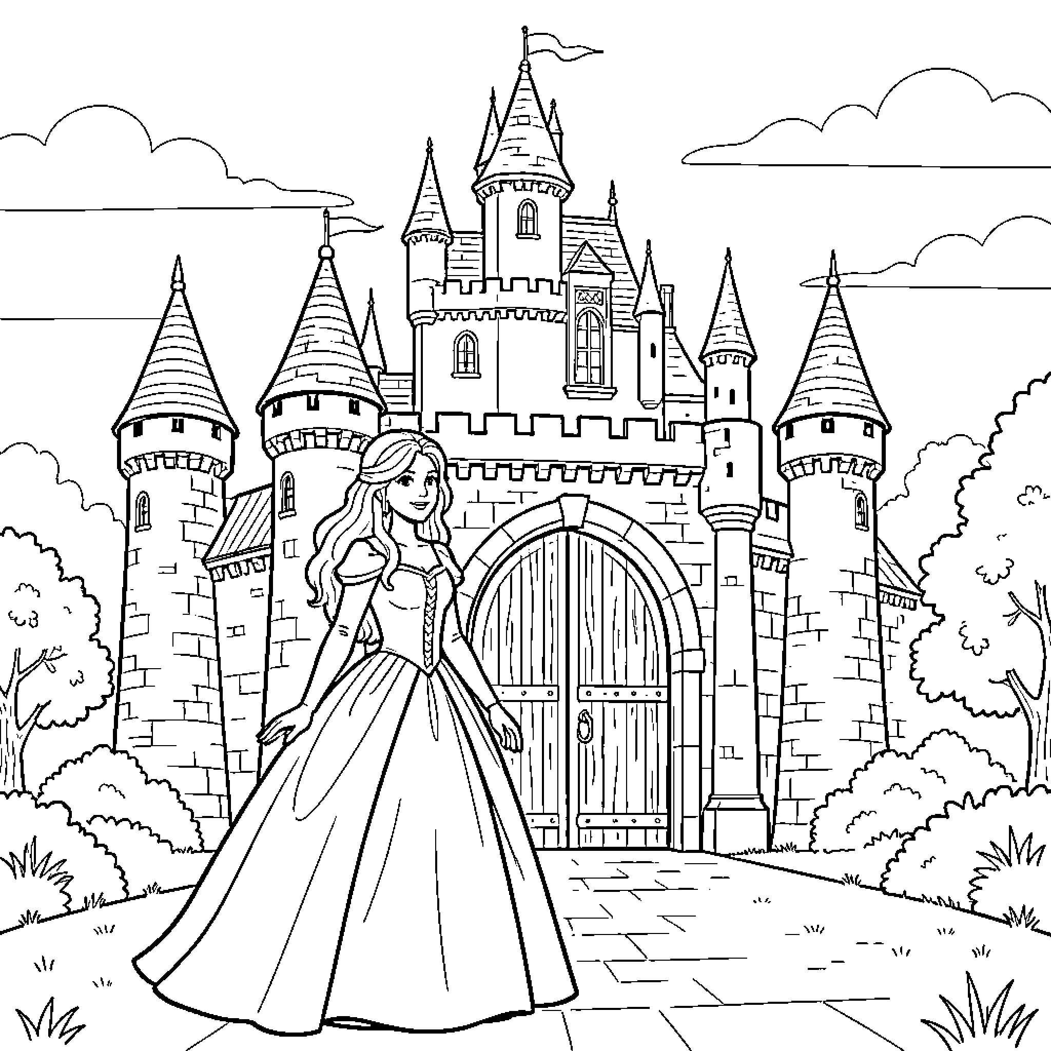 Princess standing gracefully in front of a majestic castle Coloring Page (free black-and-white line drawing printable PDF for all, from beginners to advanced learners, including children, teens, adults, and seniors)