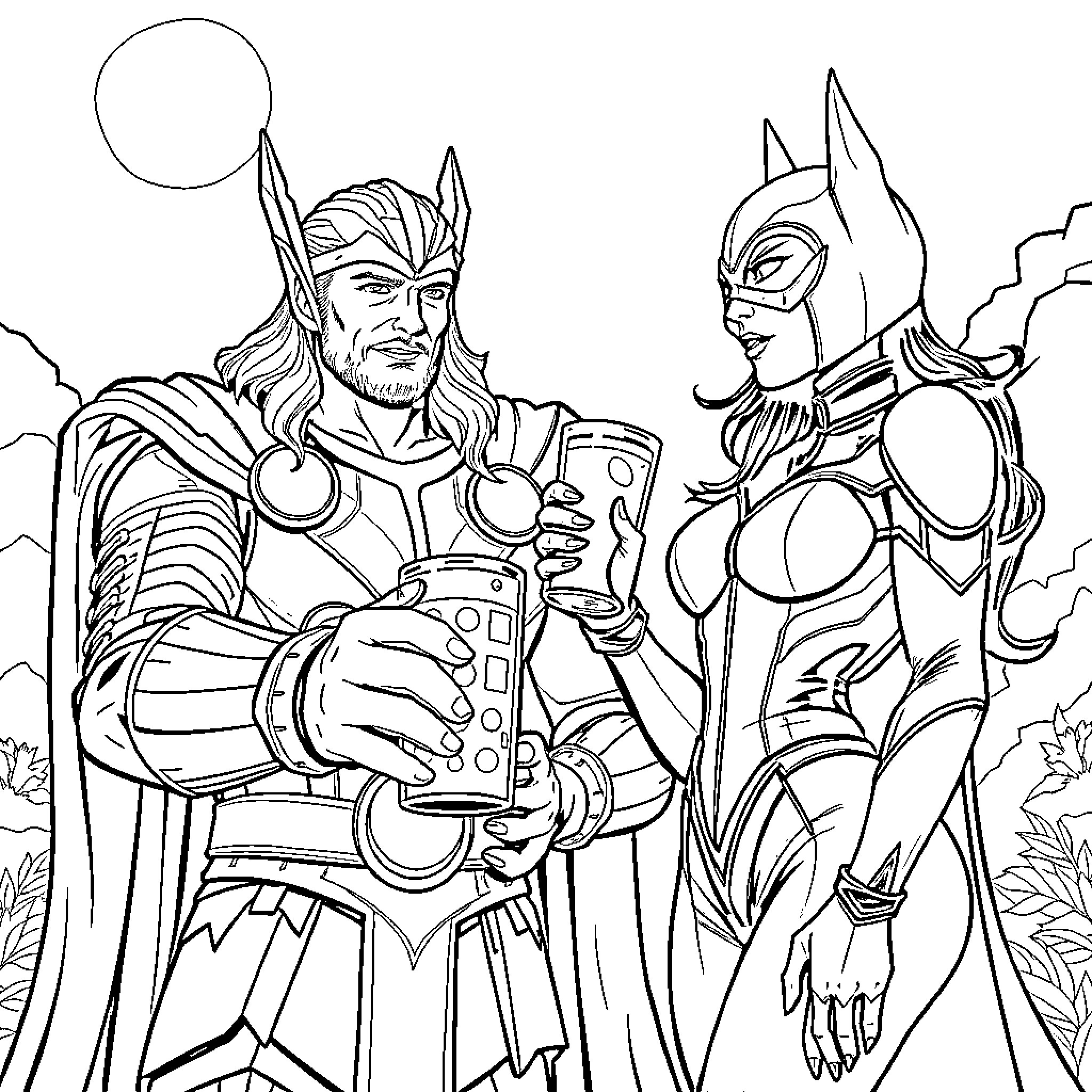 Thor and Batwoman in Heroic Pose Coloring Page (free black-and-white line drawing printable PDF for all, from beginners to advanced learners, including children, teens, adults, and seniors)