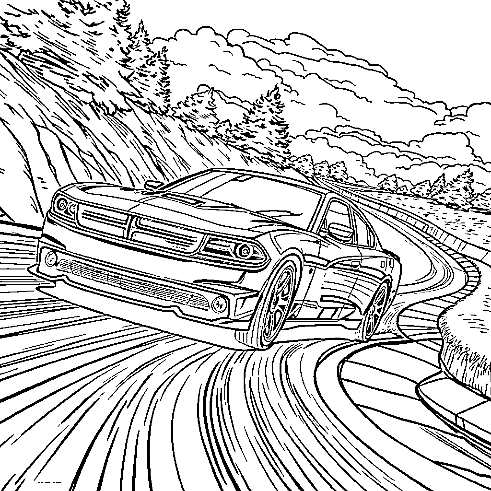 Dodge Charger speeding through winding mountain road Coloring Page (free black-and-white line drawing printable PDF for all, from beginners to advanced learners, including children, teens, adults, and seniors)