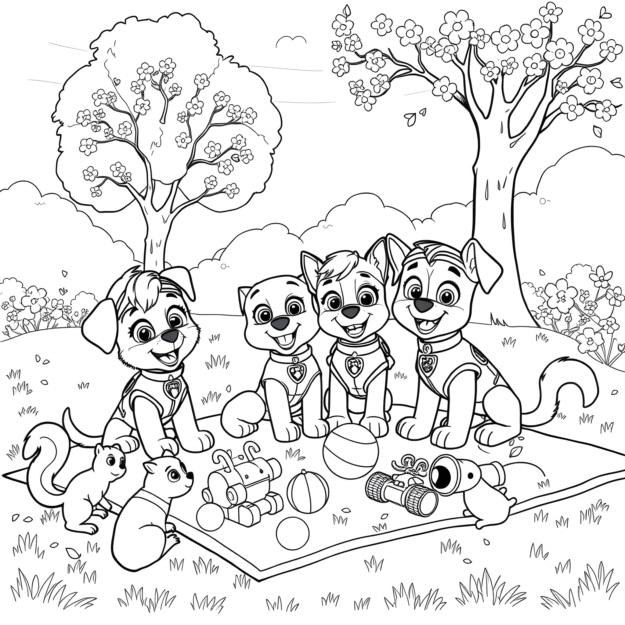 Paw Patrol Pups Enjoying Outdoor Adventure Coloring Page (free black-and-white line drawing printable PDF for all, from beginners to advanced learners, including children, teens, adults, and seniors)
