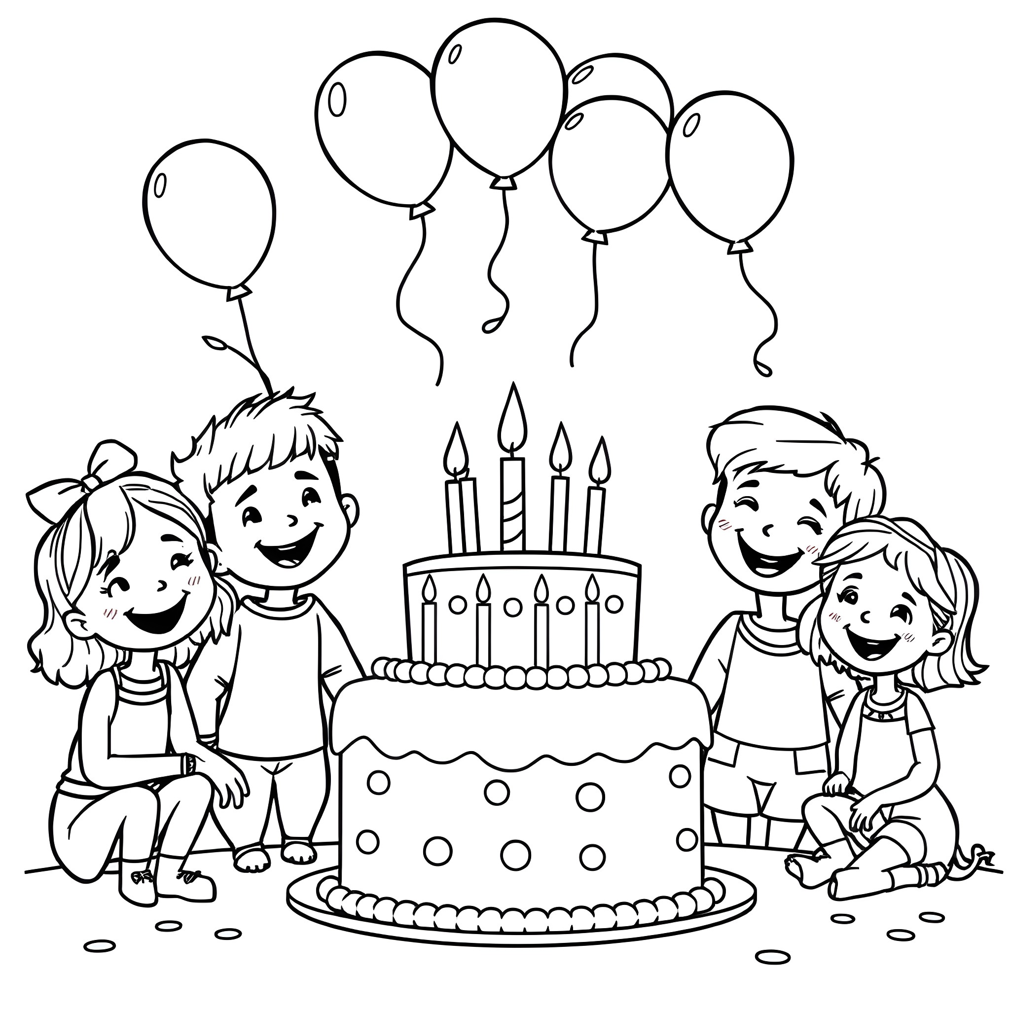 Savanna children celebrating birthday with cake and balloons Coloring Page (free black-and-white line drawing printable PDF for all, from beginners to advanced learners, including children, teens, adults, and seniors)