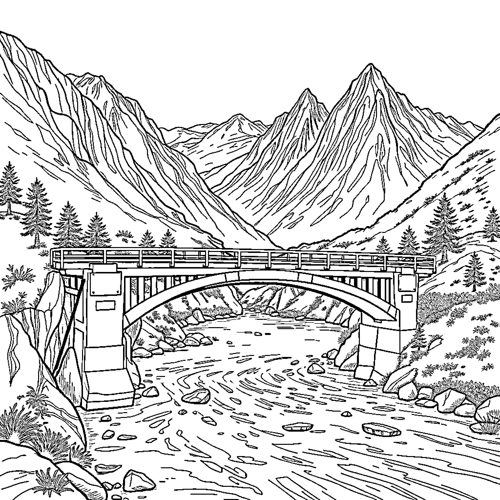 Bridge crossing scenic mountain range Coloring Page (free black-and-white line drawing printable PDF for all, from beginners to advanced learners, including children, teens, adults, and seniors)