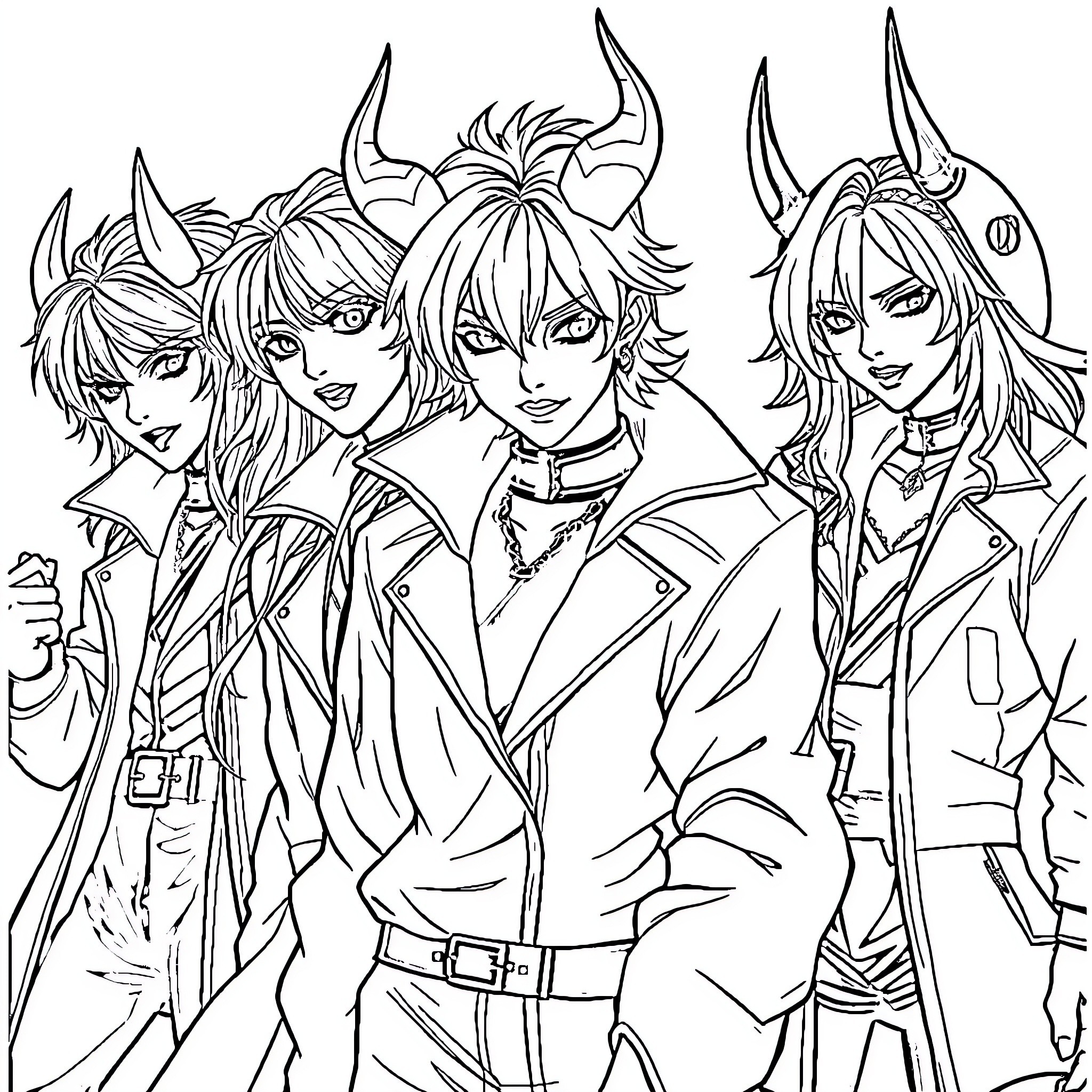 Demon Hunters in Fierce Poses Coloring Page (free black-and-white line drawing printable PDF for all, from beginners to advanced learners, including children, teens, adults, and seniors)