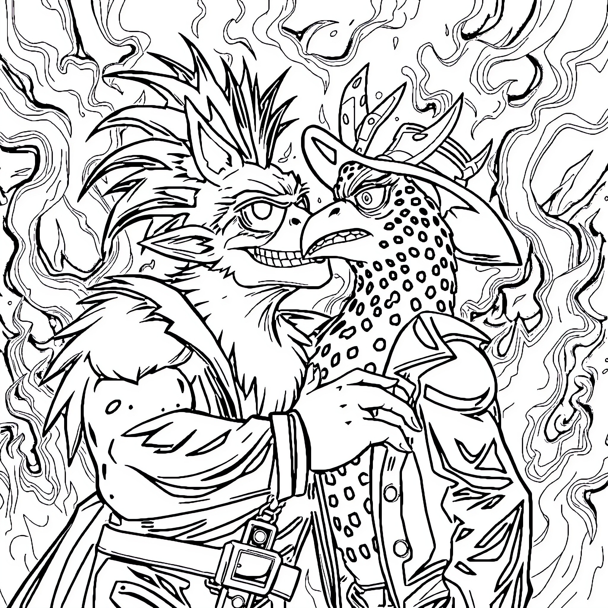 Blitz of Fierce Warrior and Fantastical Creature Coloring Page (free black-and-white line drawing printable PDF for all, from beginners to advanced learners, including children, teens, adults, and seniors)