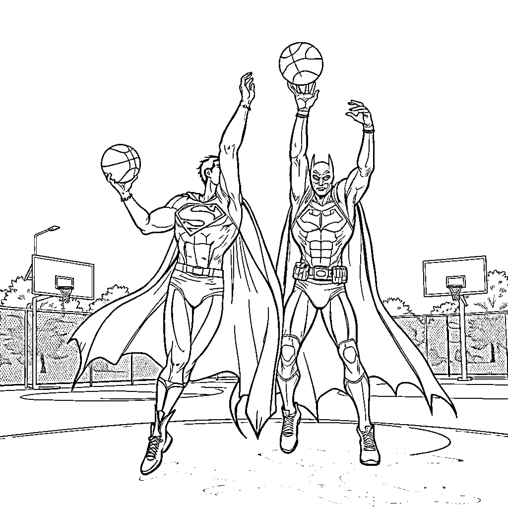 Superman and Batman playing basketball Coloring Page (free black-and-white line drawing printable PDF for all, from beginners to advanced learners, including children, teens, adults, and seniors)