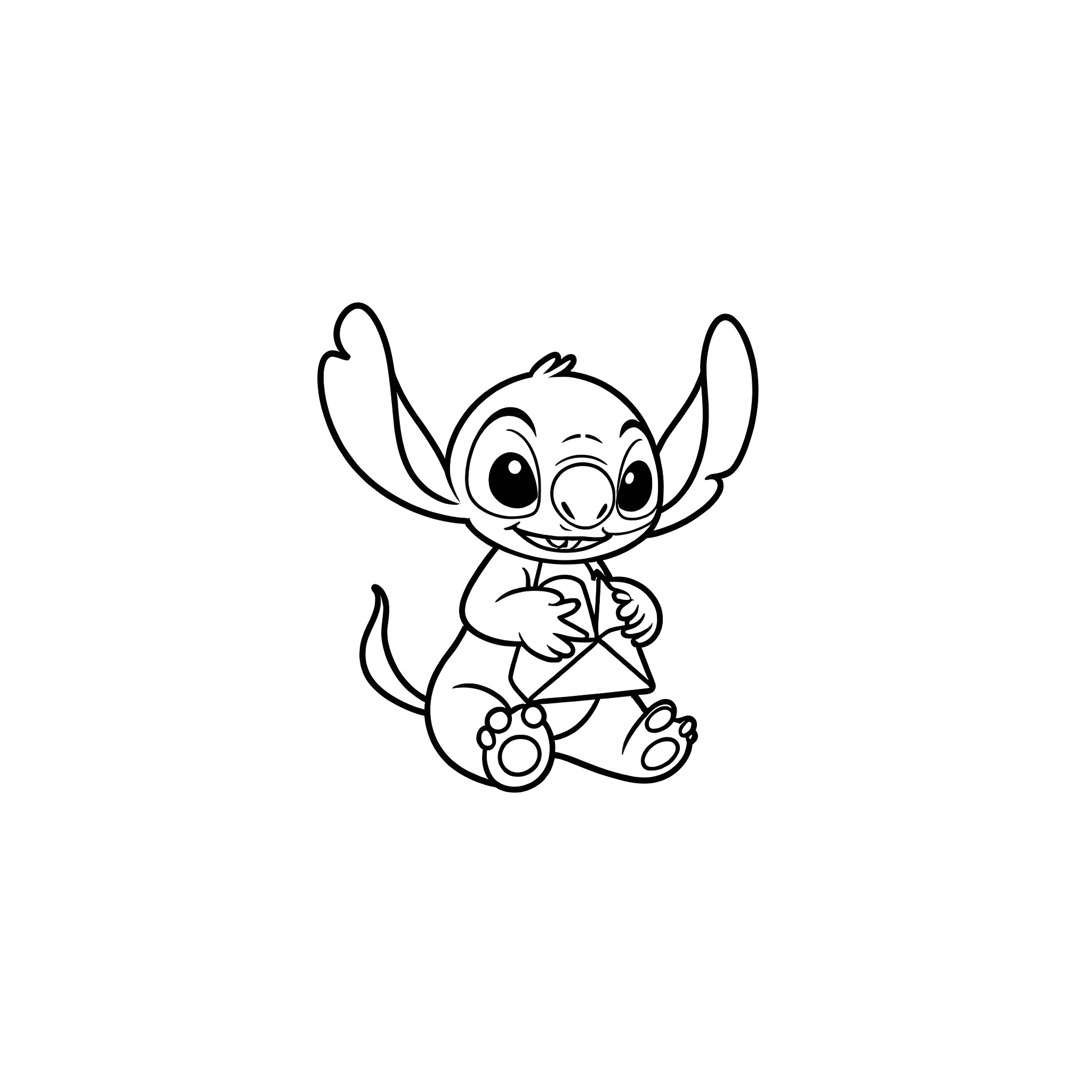 Stitch sitting and smiling playfully Coloring Page (free black-and-white line drawing printable PDF for all, from beginners to advanced learners, including children, teens, adults, and seniors)