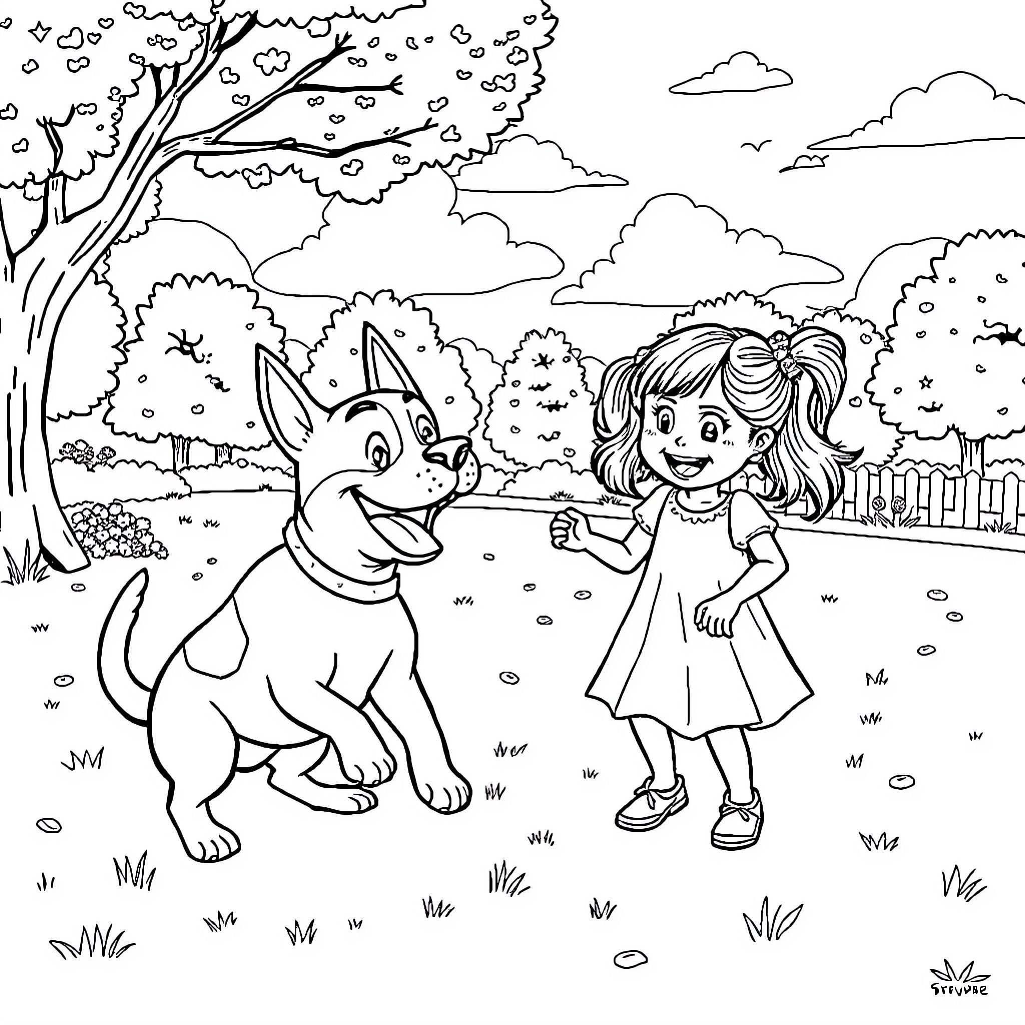 Staffy pup and girl playing happily in nature Coloring Page (free black-and-white line drawing printable PDF for all, from beginners to advanced learners, including children, teens, adults, and seniors)