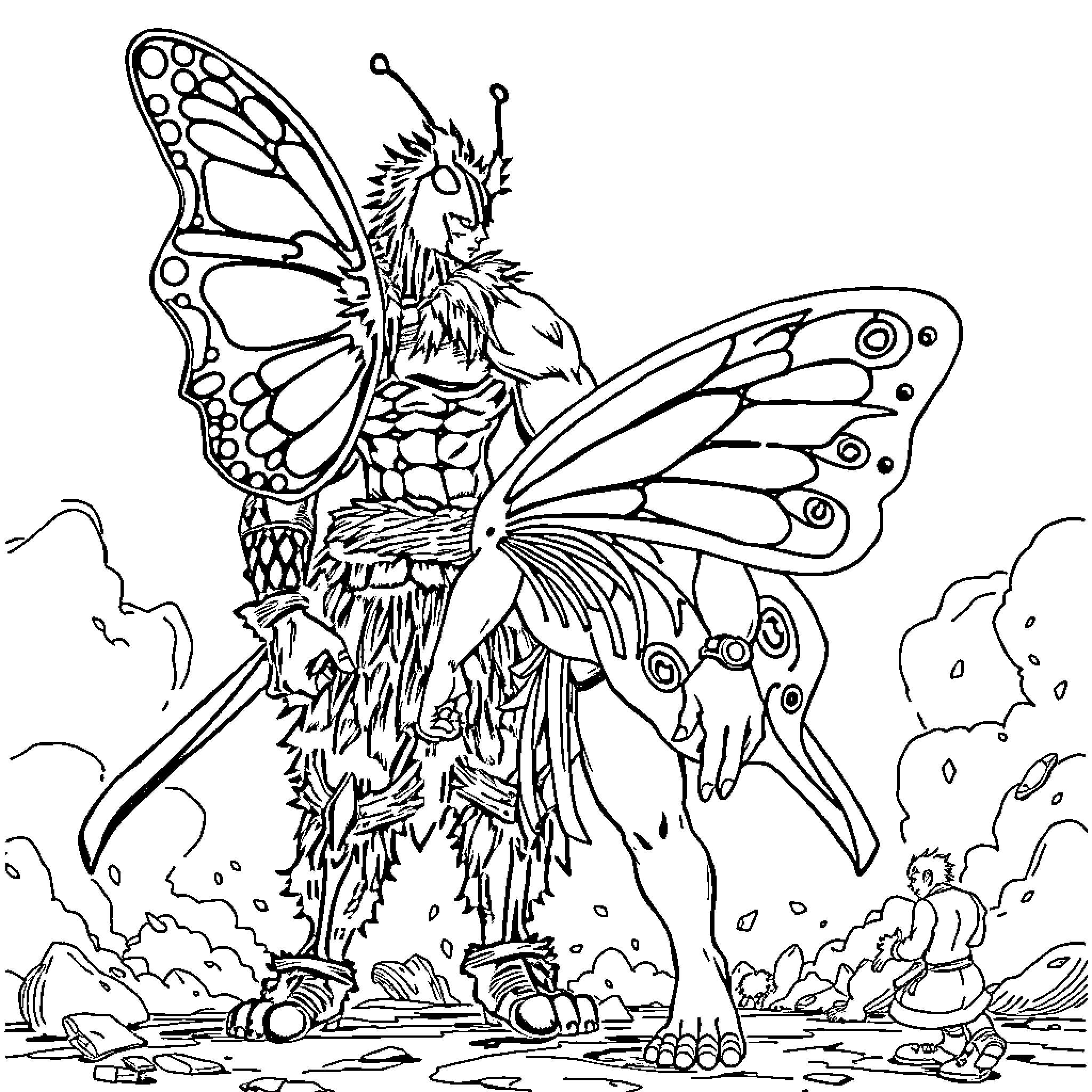 Papillon warrior standing tall with a sword Coloring Page (free black-and-white line drawing printable PDF for all, from beginners to advanced learners, including children, teens, adults, and seniors)