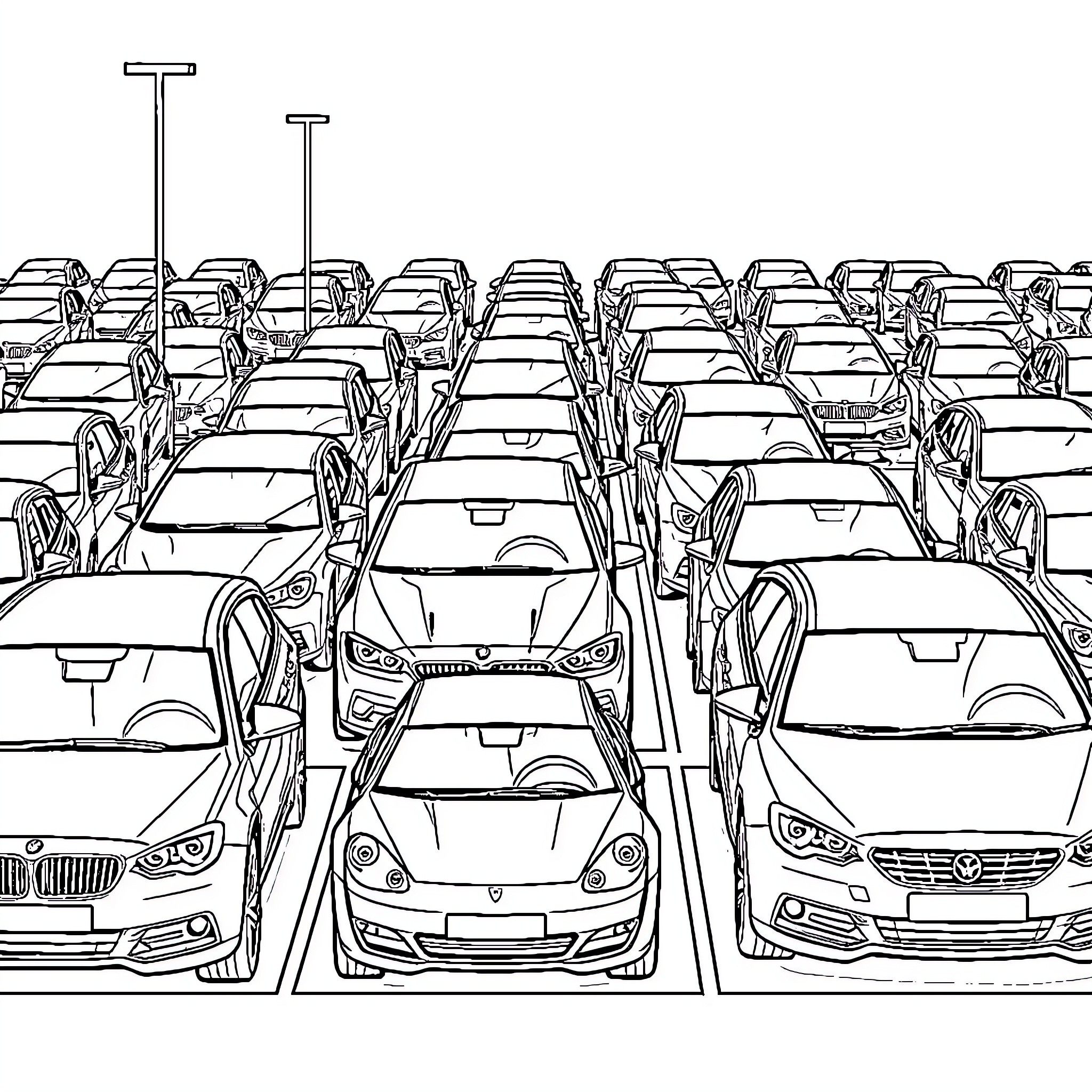 Cars parked in a crowded lot Coloring Page (free black-and-white line drawing printable PDF for all, from beginners to advanced learners, including children, teens, adults, and seniors)