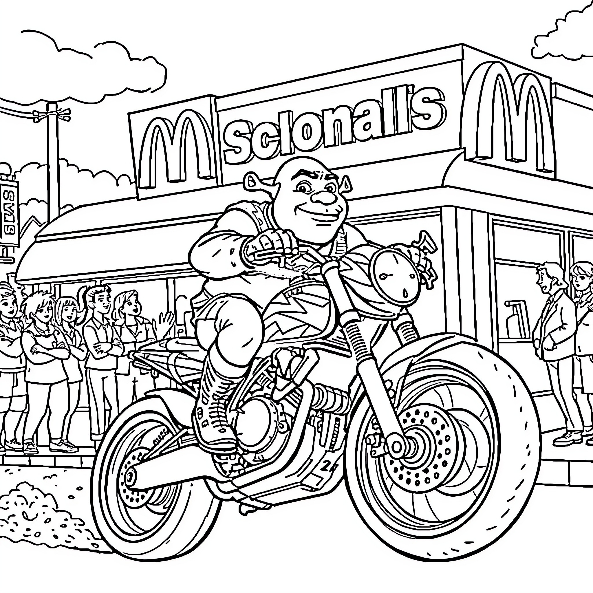 Shrek rides a motorcycle in front of Mcdonald's Coloring Page (free black-and-white line drawing printable PDF for all, from beginners to advanced learners, including children, teens, adults, and seniors)