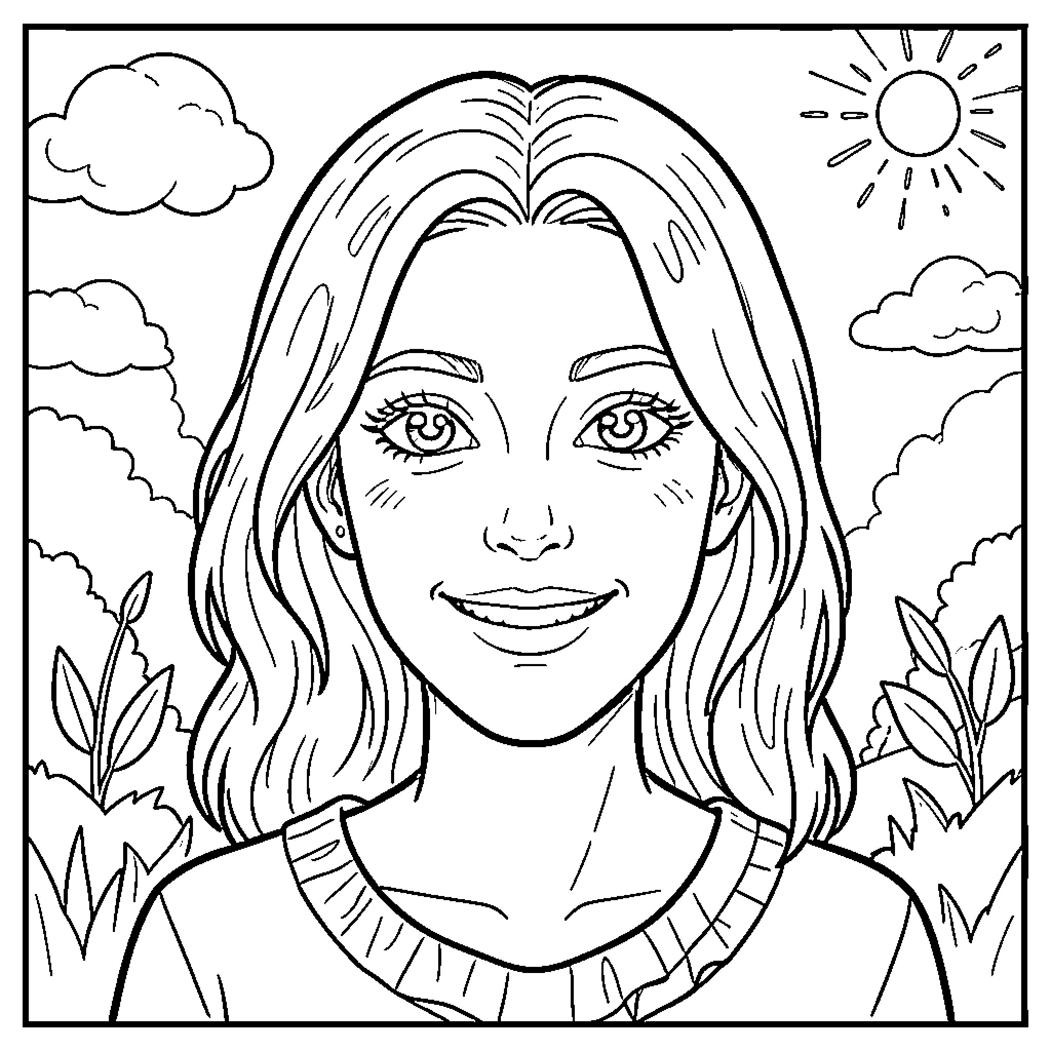 Photo of a cheerful woman in nature Coloring Page (free black-and-white line drawing printable PDF for all, from beginners to advanced learners, including children, teens, adults, and seniors)