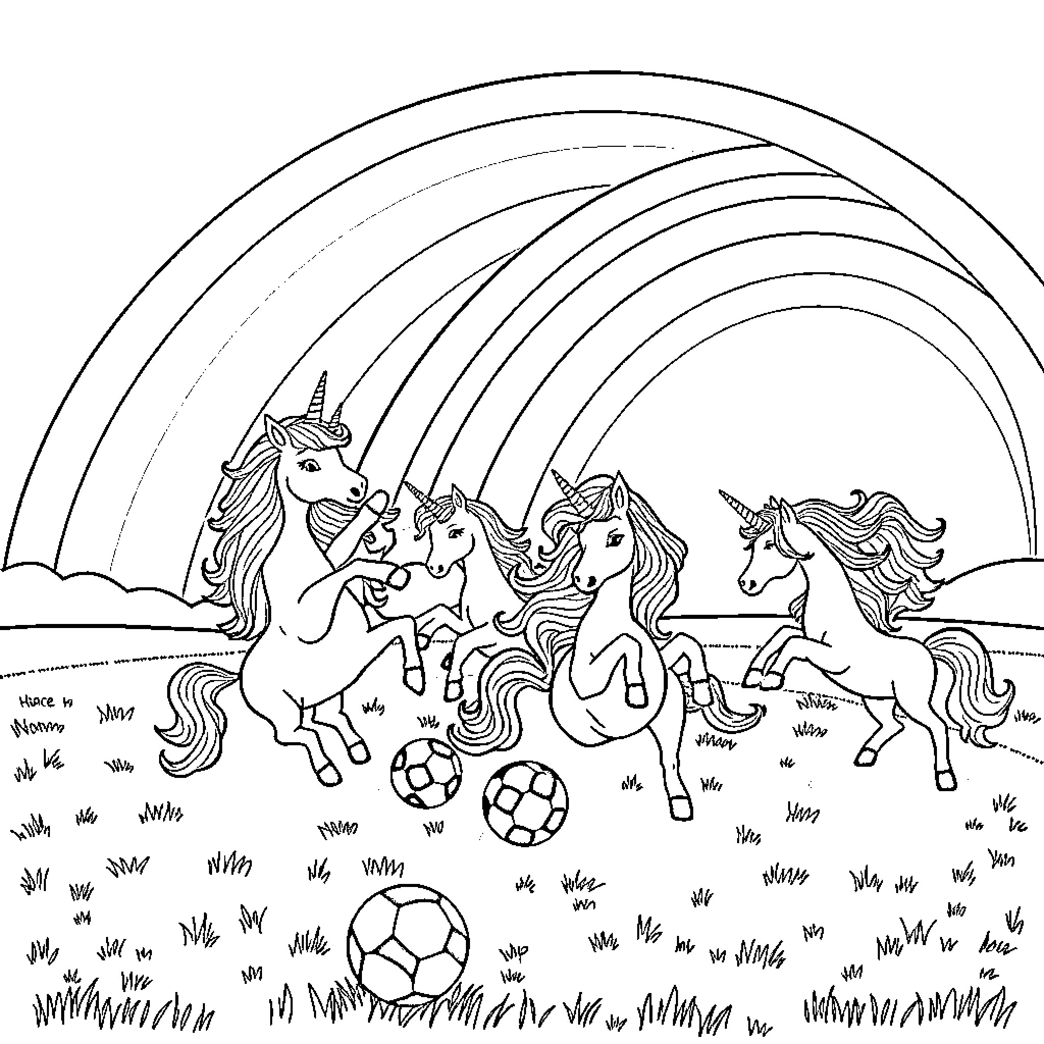 Unicorn family playing soccer under a rainbow Coloring Page (free black-and-white line drawing printable PDF for all, from beginners to advanced learners, including children, teens, adults, and seniors)