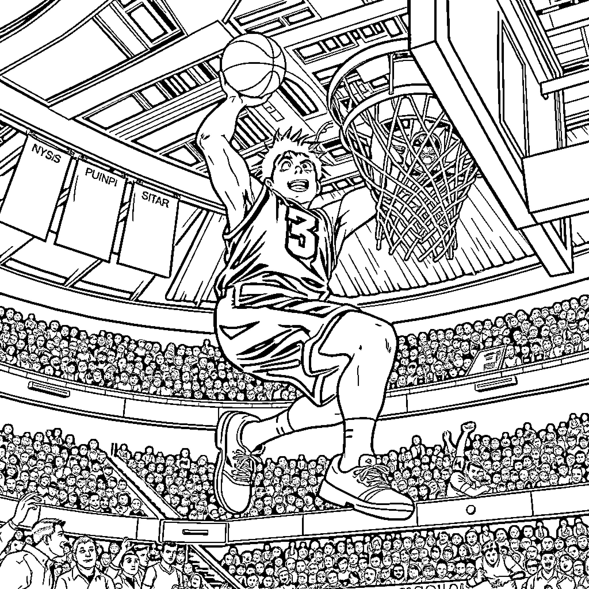 Professor Anzai's Basketball Slam Dunk in the Arena Coloring Page (free black-and-white line drawing printable PDF for all, from beginners to advanced learners, including children, teens, adults, and seniors)