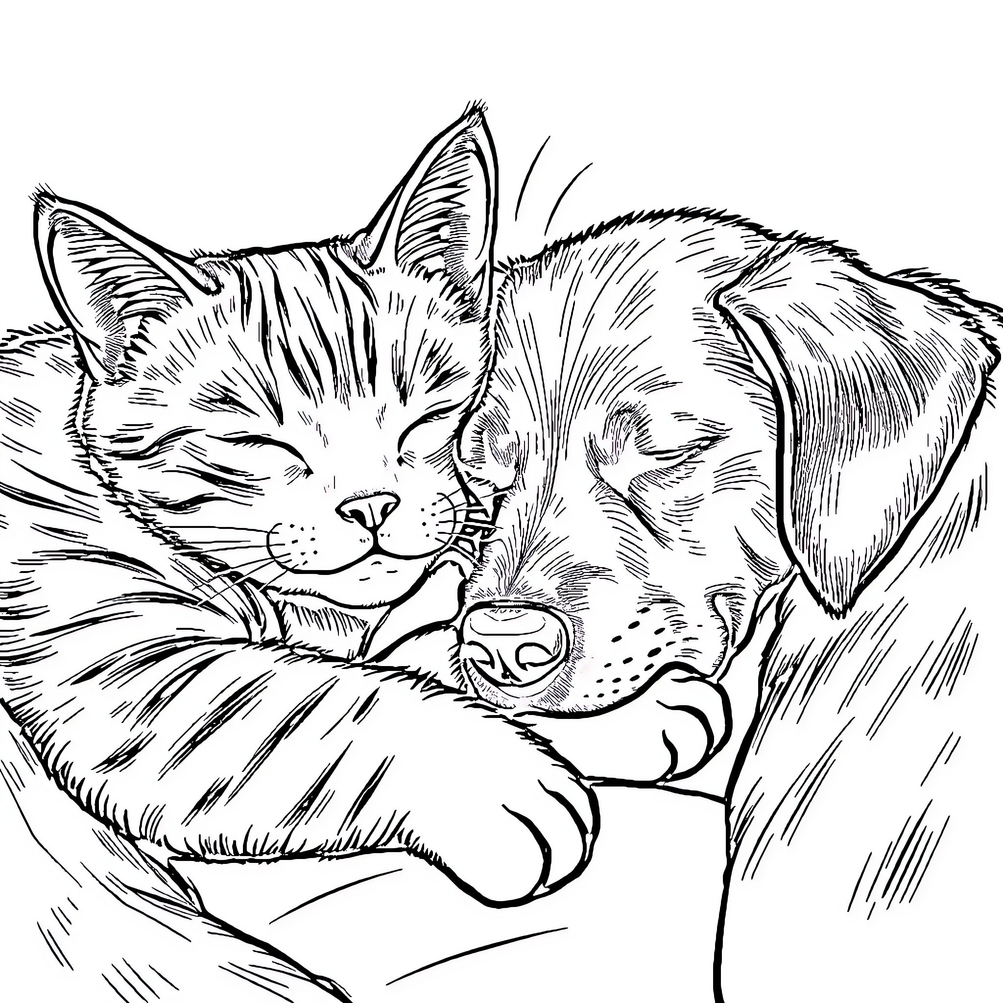 Cat and Dog Cuddling Peacefully Coloring Page (free black-and-white line drawing printable PDF for all, from beginners to advanced learners, including children, teens, adults, and seniors)
