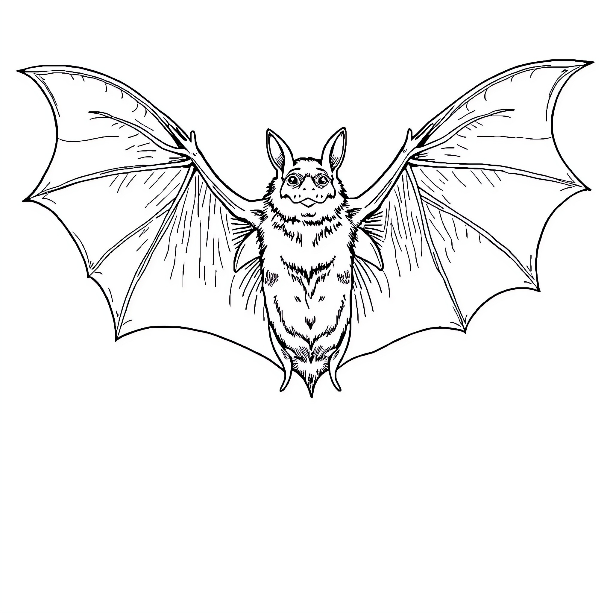 Bat with large wings in flight Coloring Page (free black-and-white line drawing printable PDF for all, from beginners to advanced learners, including children, teens, adults, and seniors)