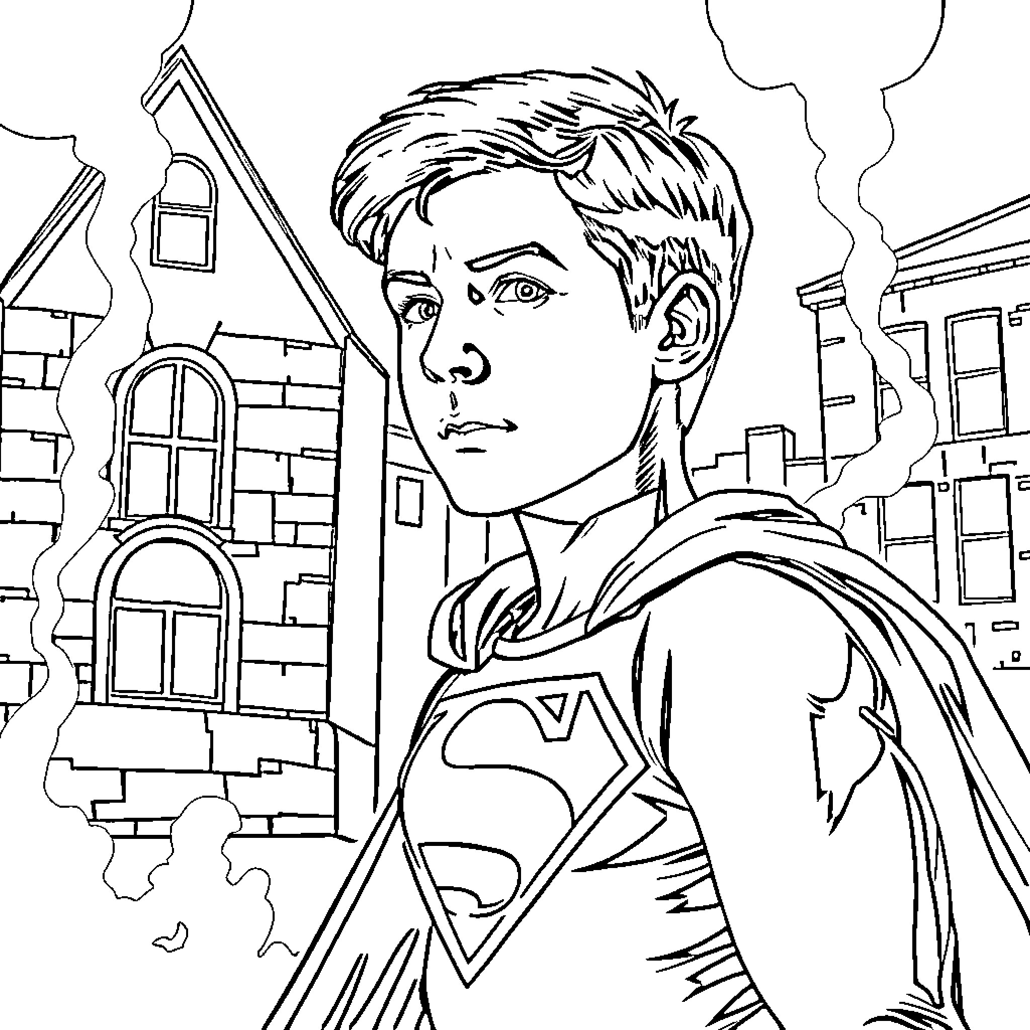 Smallville Superhero in Action at Old City Coloring Page (free black-and-white line drawing printable PDF for all, from beginners to advanced learners, including children, teens, adults, and seniors)