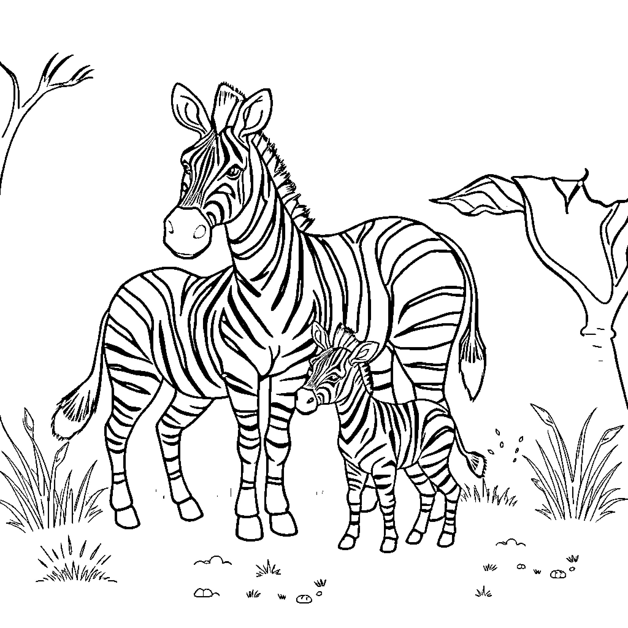 Zebra with calf in natural habitat Coloring Page (free black-and-white line drawing printable PDF for all, from beginners to advanced learners, including children, teens, adults, and seniors)