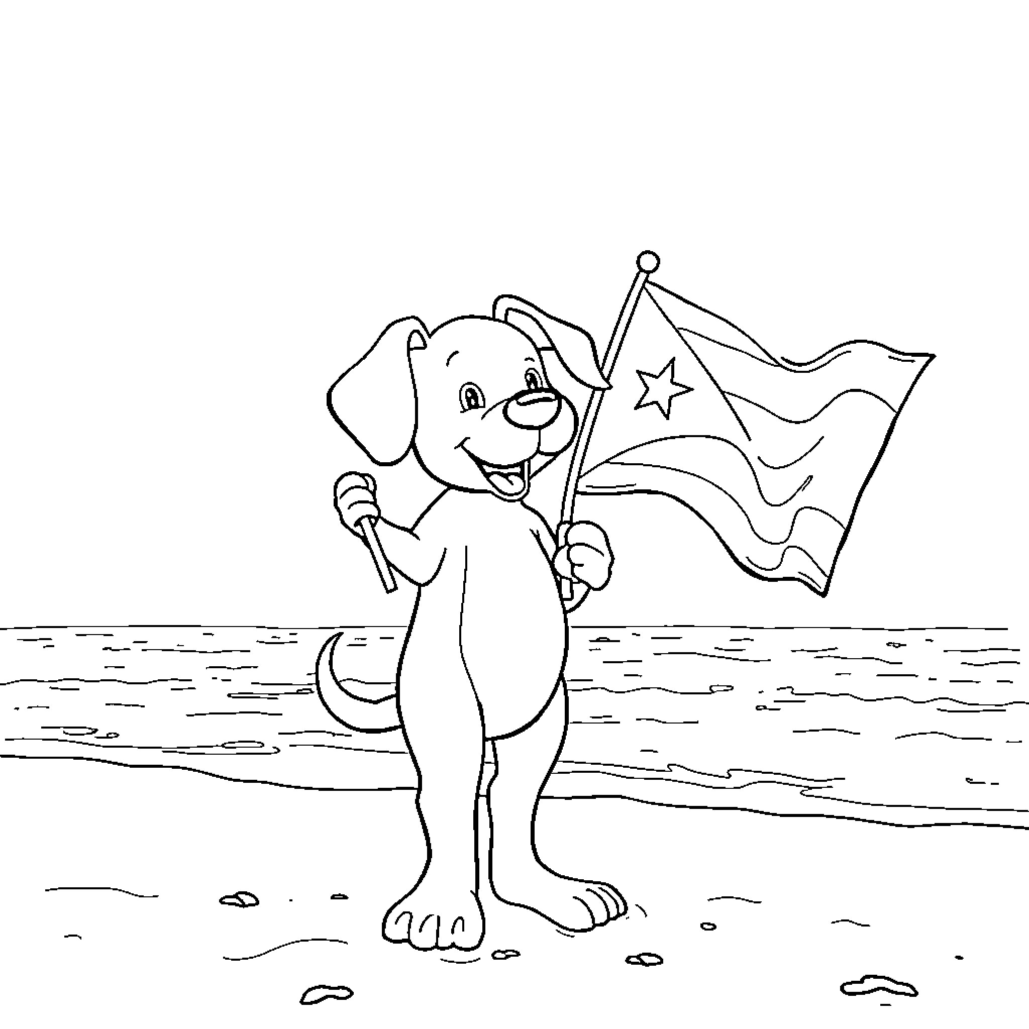 Romy's Patriotic Parade with Flag Coloring Page (free black-and-white line drawing printable PDF for all, from beginners to advanced learners, including children, teens, adults, and seniors)