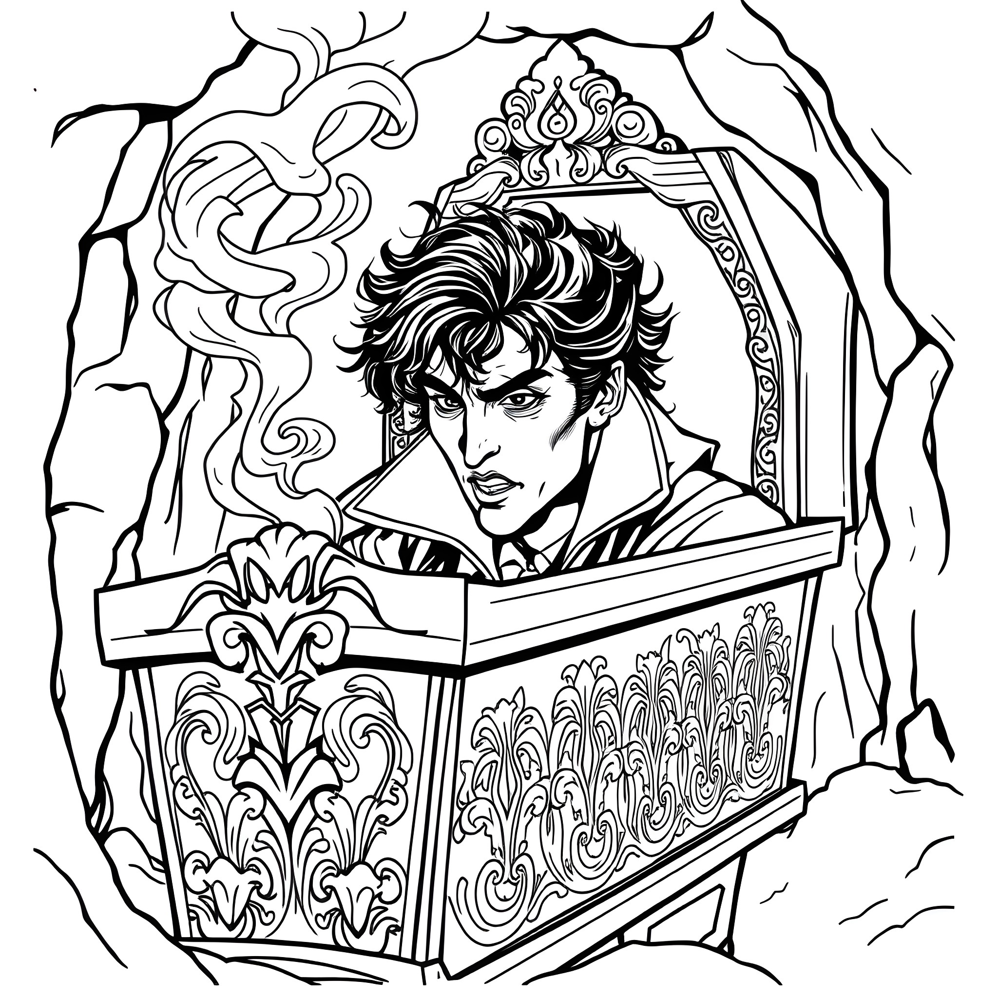 Vampire reading ancient tome in dark, ornate chamber Coloring Page (free black-and-white line drawing printable PDF for all, from beginners to advanced learners, including children, teens, adults, and seniors)