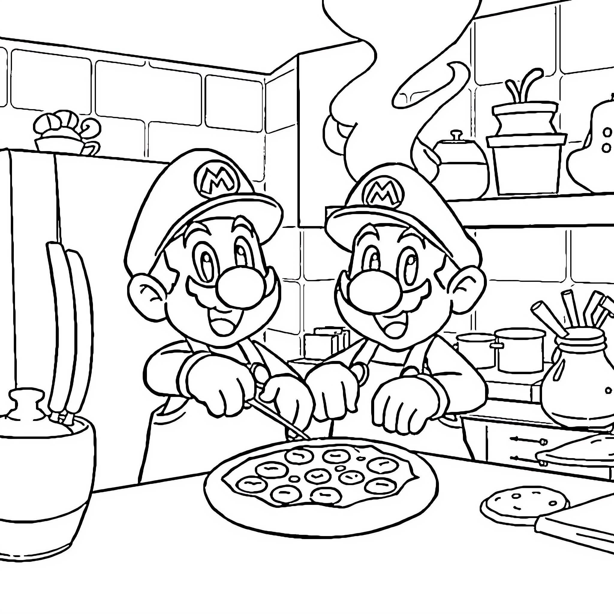 Mario Brothers Cooking a Pizza in the Kitchen Coloring Page (free black-and-white line drawing printable PDF for all, from beginners to advanced learners, including children, teens, adults, and seniors)